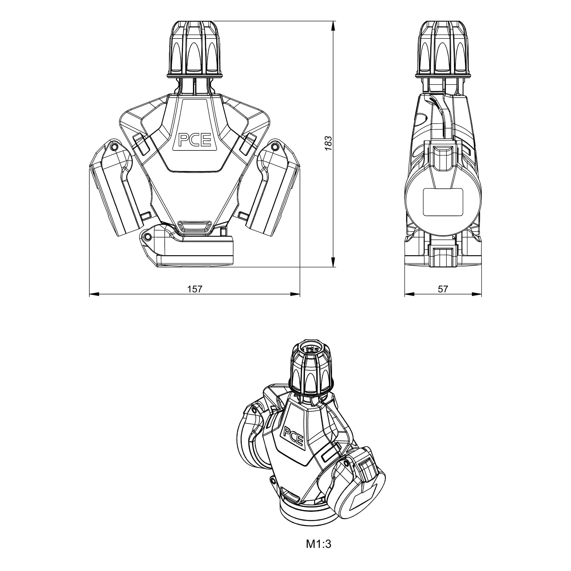 PCE 253822-sr5 TopTaurus2 3-Wegekupplung Vollgummi - 16A 250V IP54 | Schutzkontaktkupplung 5-polig Typ F - Schuko Verteiler mit Klappdeckel für Baustelle und Industrie - Schwarz-Rot
