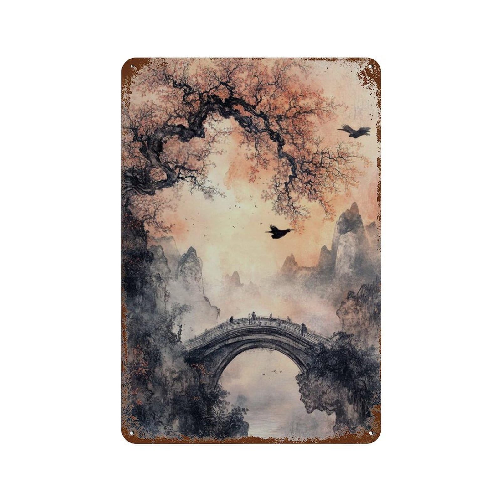 xiaoxiaoshen Misty Bridge Japanese Landscape Tranquil Oriental Ink Wash Style Wall Decor Art Metal Tin Poster Modern Home Decor Art Home Bar Shop Decorations Vintage Sign 30x20cm