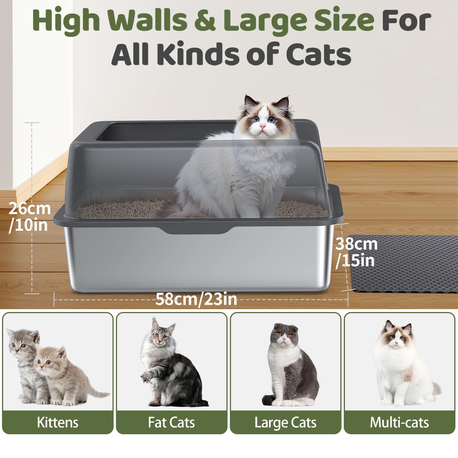 Gimars Caja de Arena XL de Acero Inoxidable, Bandeja Grande de 20L con Pala para Arena y Alfombrilla, Bandeja metálica Ideal para Gatos Grandes y medianos, fácil de Limpiar y Duradera
