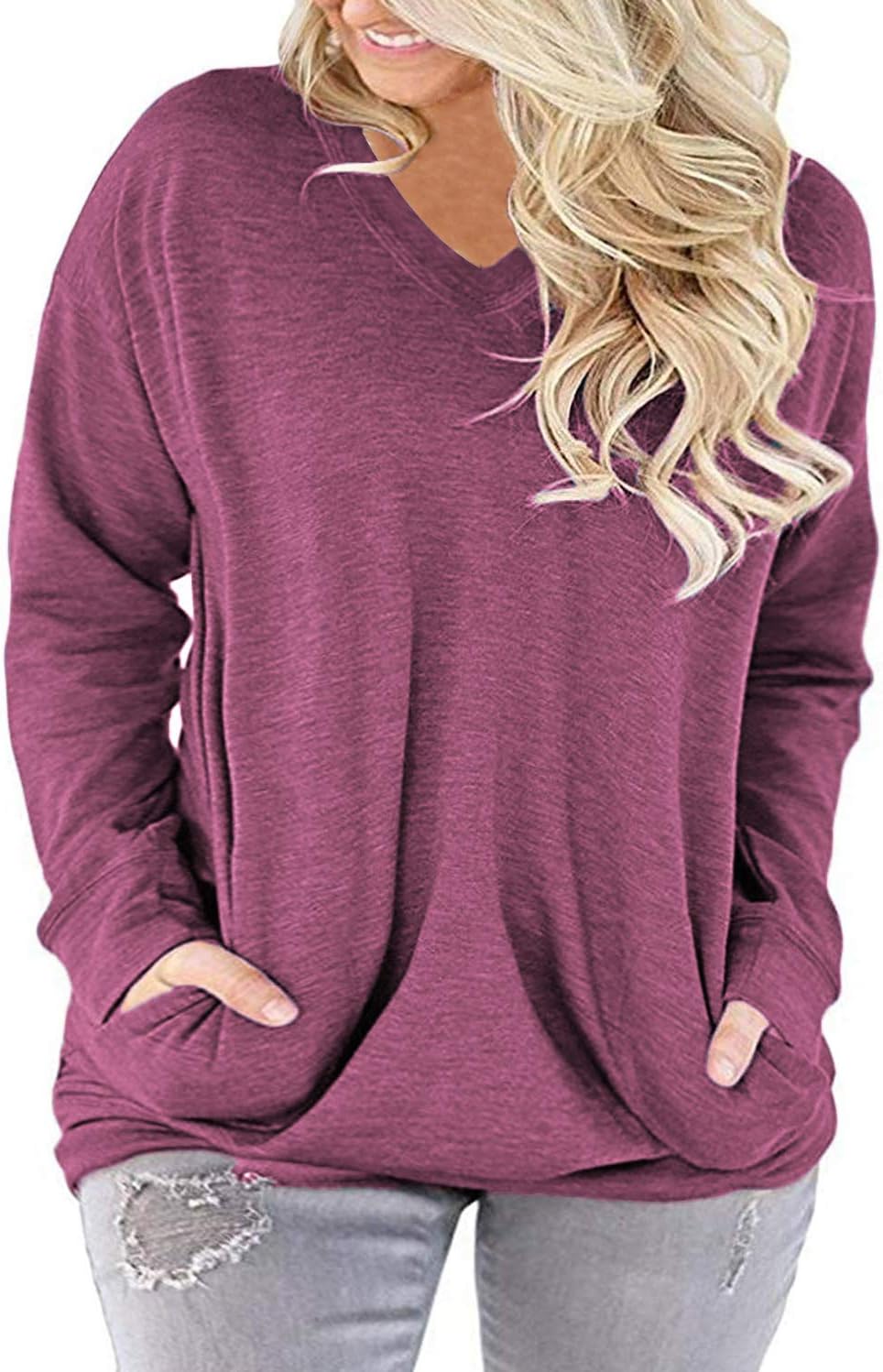 ROSRISS Plus-Size-Tops for Women Long Sleeve V Neck Shirts Oversized Pockets Tunics