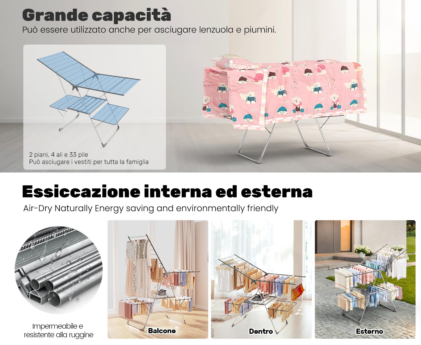 Innotic Stendino Verticale Salvaspazio, Stendibiancheria 2 Ali Resistente, Carico 35kg, 33 Barre, Stendipanni Richiudibile, Pieghevole, Portatile,143x88x58 cm per Balcone Esterno Interno