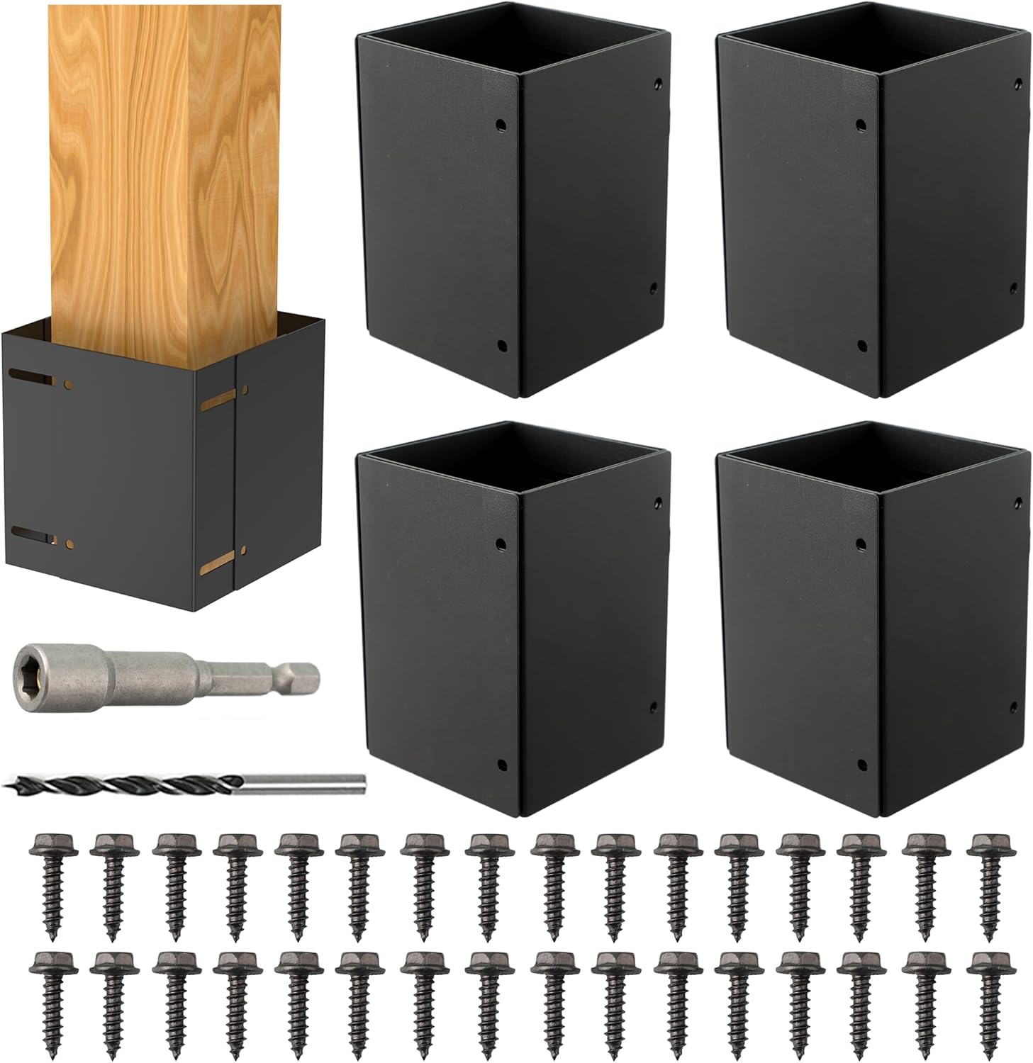 4pcs Adjustable Fence Post Protector, (Range 3.3"-6"), 304 Stainless Steel Post Sleeve, Outdoor Post Base Wrap Cover, Protect Mailbox, Wooden Fence, Deck Railing from Lawnmower and Rain Damage