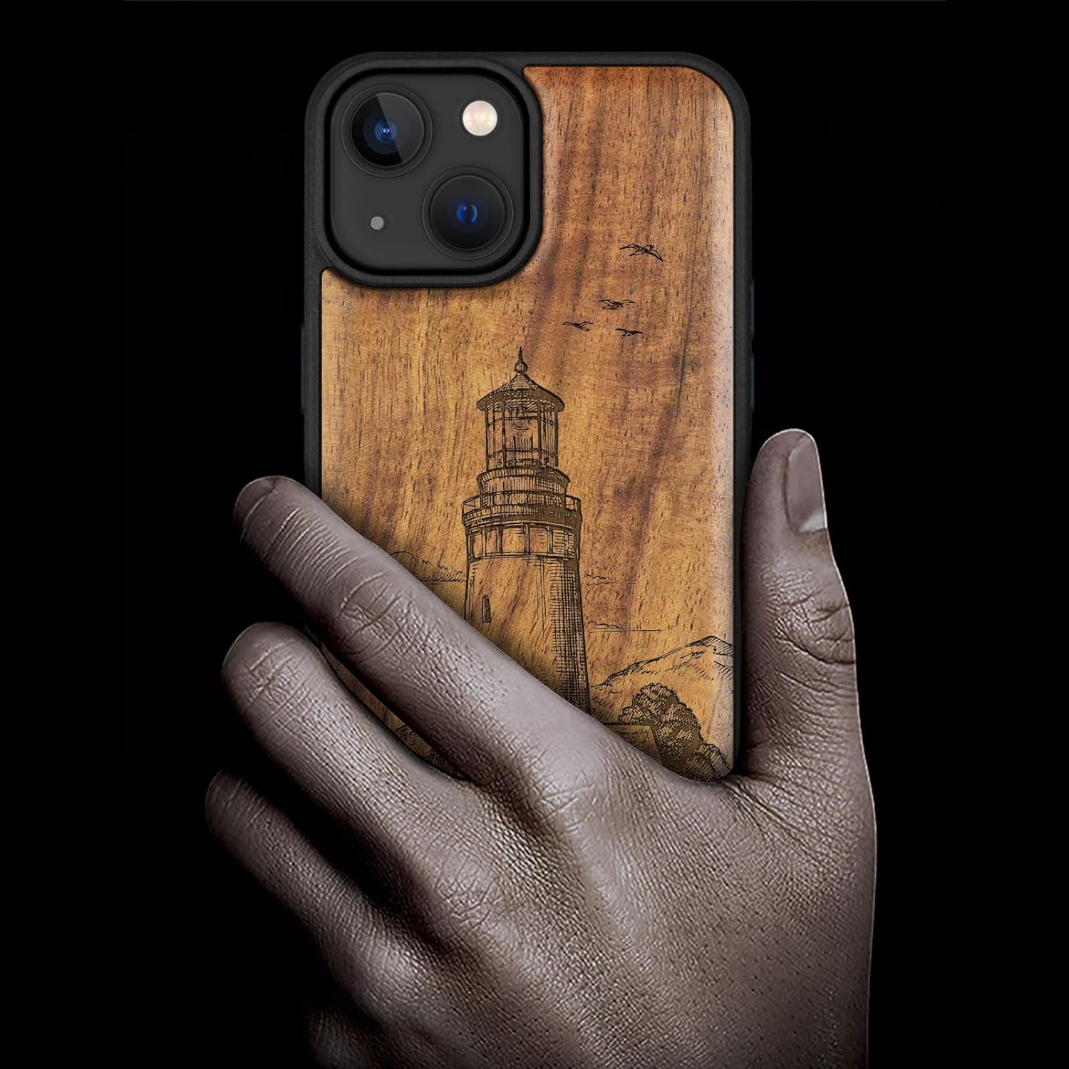 Carveit Magnetic Wooden Case for iPhone 15 Case, Compatible with MagSafe Wireless Chargers, Black Soft TPU Shockproof Cover & Wood Artisan Engraved (Lighthouse) - Walnut