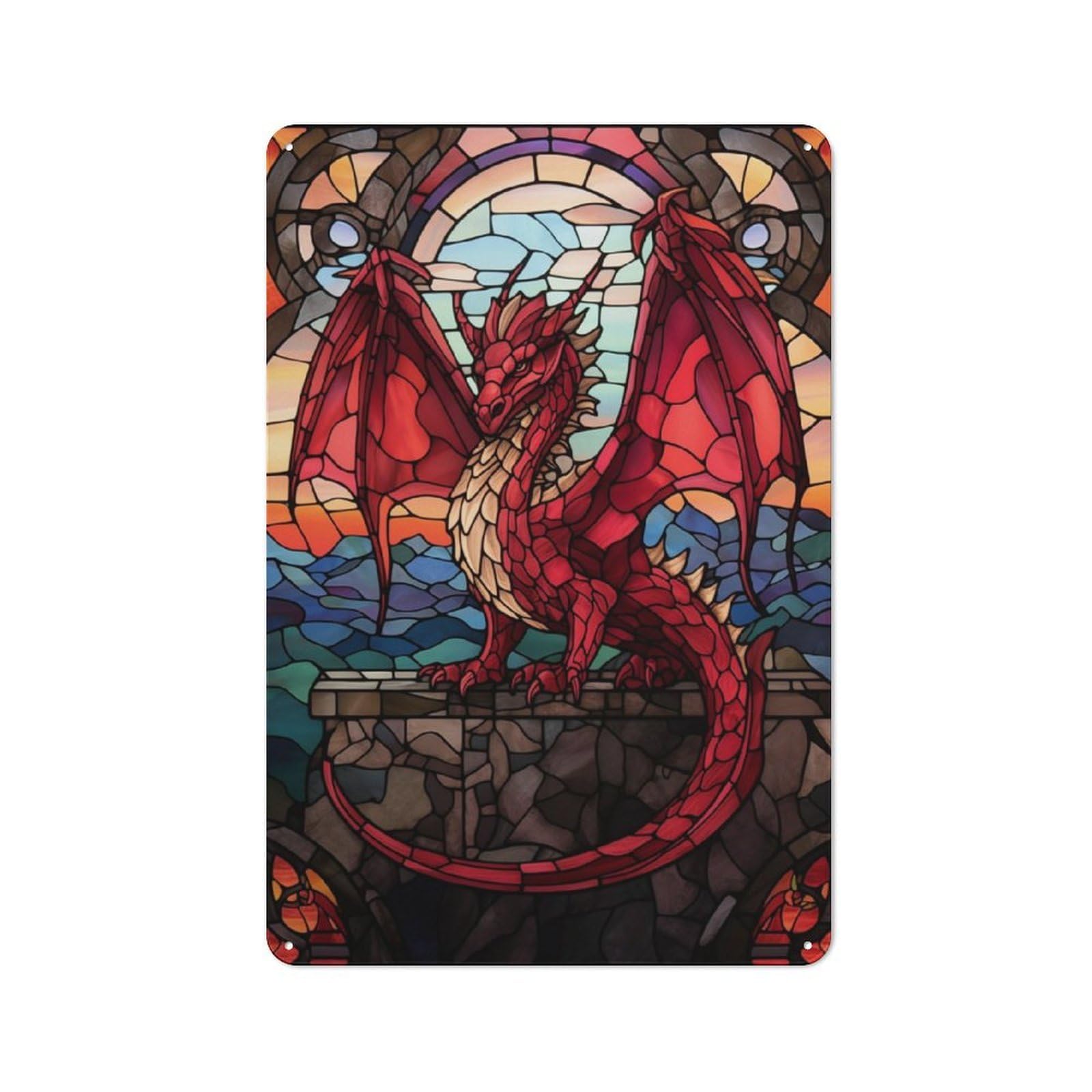 Junmoney Red Dragon Stained Glass Metal Plaque 30X20cm With For Workshop Wall, Retro Decor, For Garage, Workshop And Man Cave Decoration