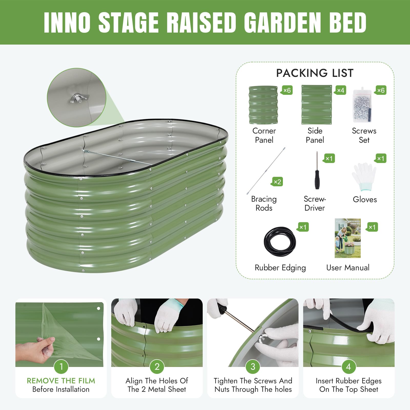 INNO STAGE Jardinière surélevée zinguée pour l'extérieur, jardinières pour jardinage, bac à plantes en métal, jardinière en acier, kit avec gants pour légumes, fleurs, herbes