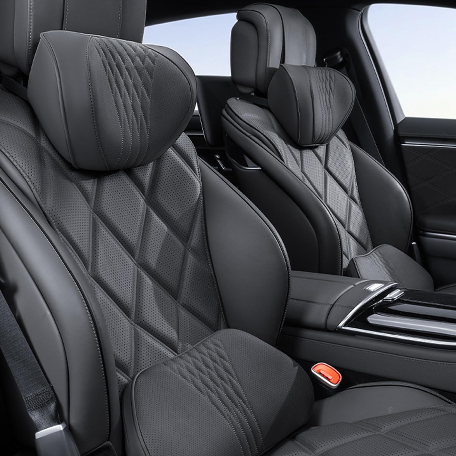 Auto Nackenkissen und Lendenkissen Set Memory Foam, Rückenkissen Auto Kopfstütze, Atmungsaktiv, Weich und Bequem für lindert Rückenschmerzen und Lordosenstütze (Schwarz)
