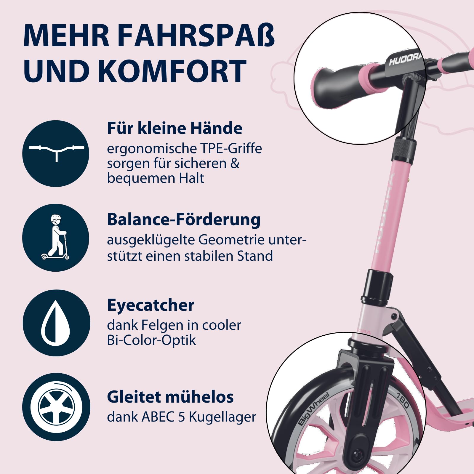 HUDORA BigWheel 180 Advanced Junior - Hochwertiger und sicherer Kinder Roller ab 3 Jahre - Zusammenklappbarer Kinderscooter mit Reflektoren - Höhenverstellbarer Mini Scooter für Jungen und Mädchen