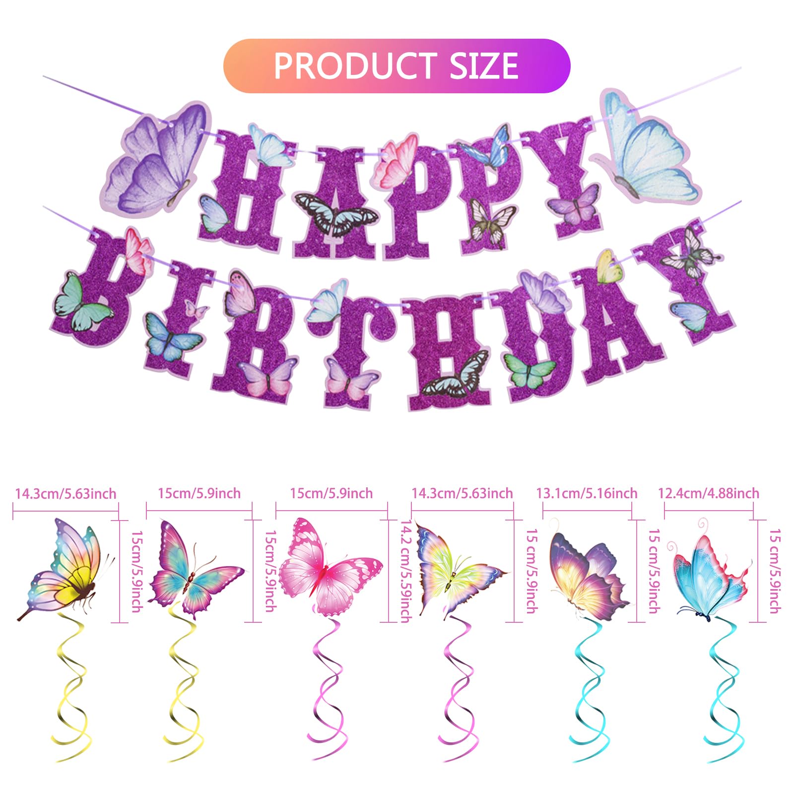 Schmetterling Geburtstagsdeko-Set – Mit Spiralschmetterlingen, Happy Birthday Banner & Blumen-Girlande In Rosa & Lila