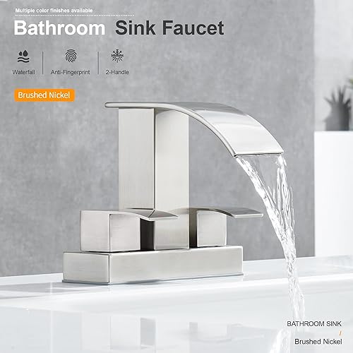 Miniatura 6 de Grifo de baño de cascada de 2 manijas de níquel cepillado con drenaje desplegable, grifo de 2 agujeros para fregadero central de 4 pulgadas, grifo