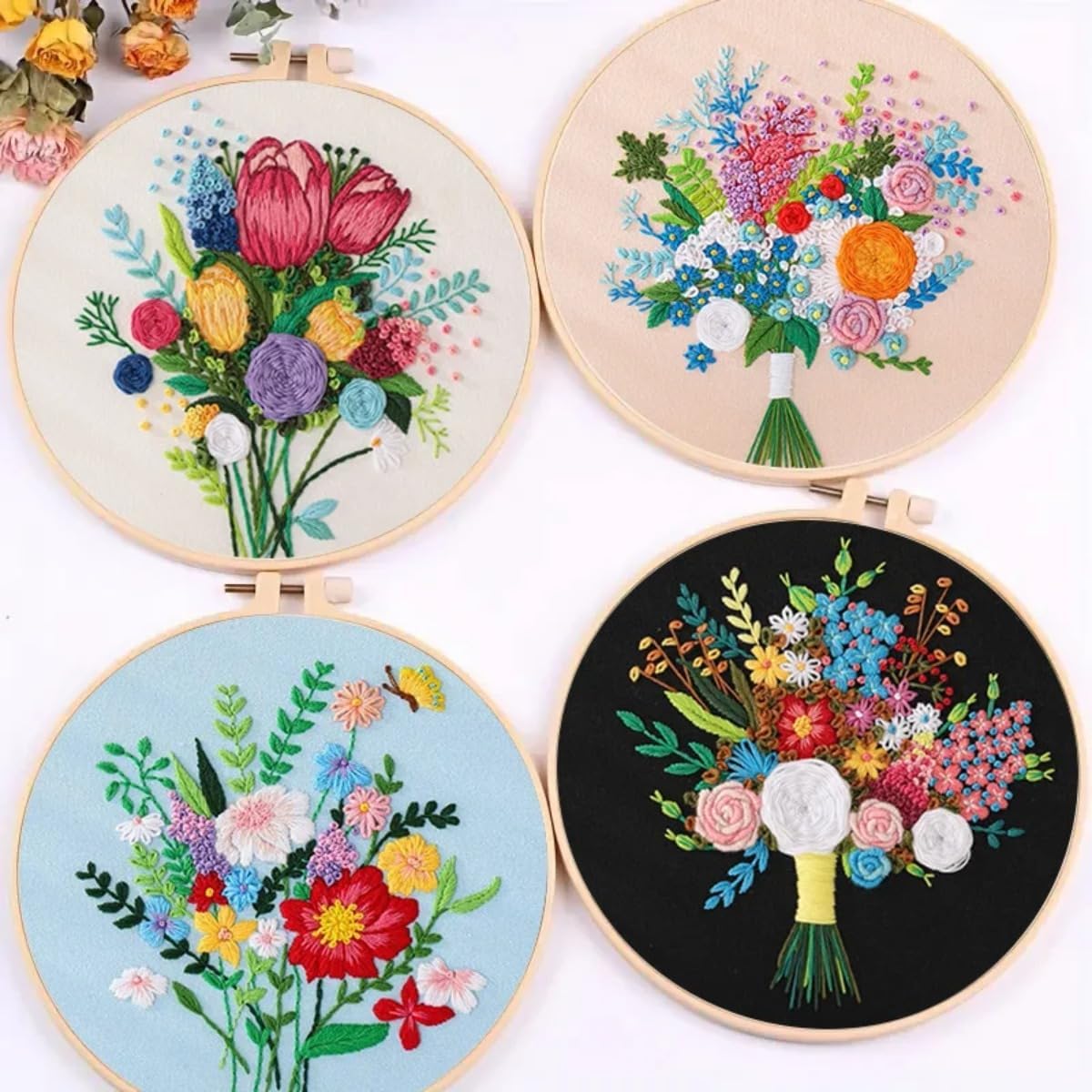 3 Sets Embroidery Starter Kits Flower Bouquet Cross Stitch Sets Plant Sewing Art Craft Painting DIY Home Decor Embroidery Set with Embroideriy Hoop and Instructions for Adults Beginners (Blue)
