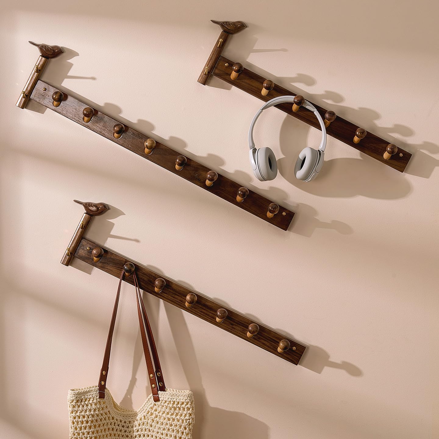 Coat Rack Made of Beech and Walnut Wood for Hanging Clothes, Keys, Towels and Hats. Coat Hooks Designed in The Shape of Carved Birds and mushrooms24.61x6.3x2.75 Inches(8hooks)