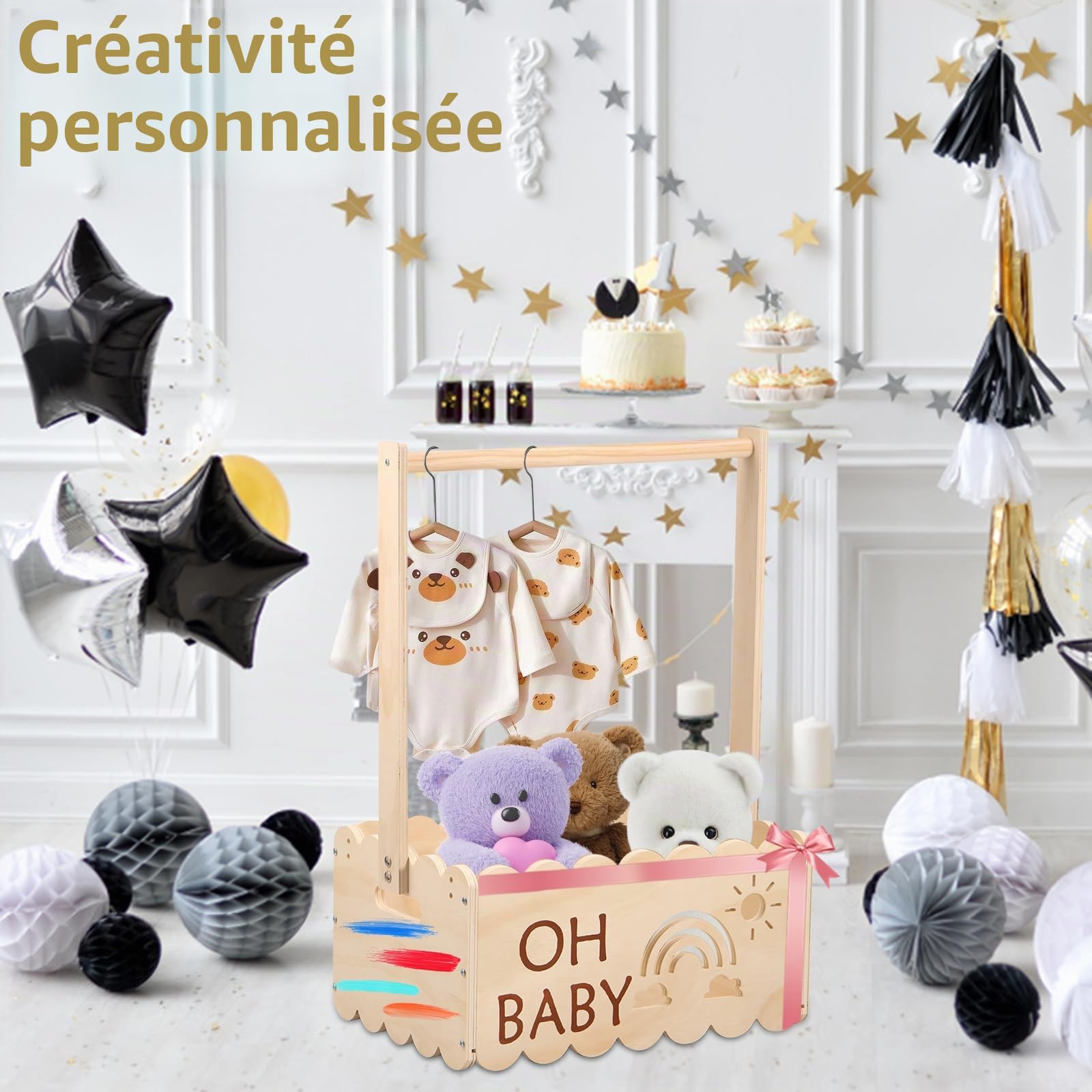 Cadeau de fête prénatale avec poignée, en bois, 34 x 22,8 x 17,5 cm, panier de rangement décoratif, cadeau pour anniversaire, fête prénatale, nouveau-né, nouveaux parents (A)