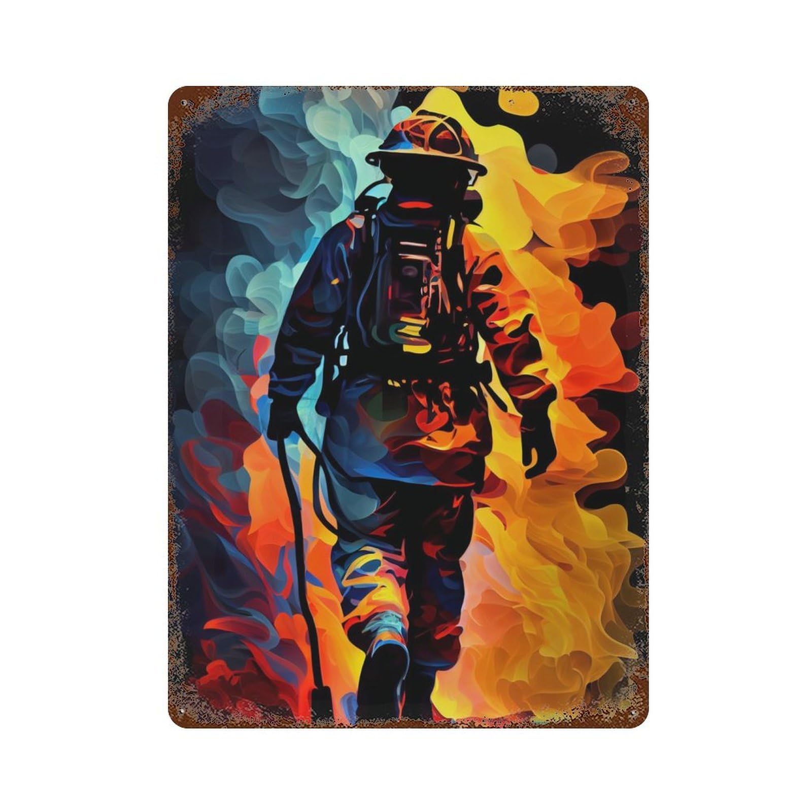 Firefighter Painting Rusty Metal Tin Sign 15.7"x11.8", for Shed, Workshop And Garage Wall Decor, Novelty Wall Decor