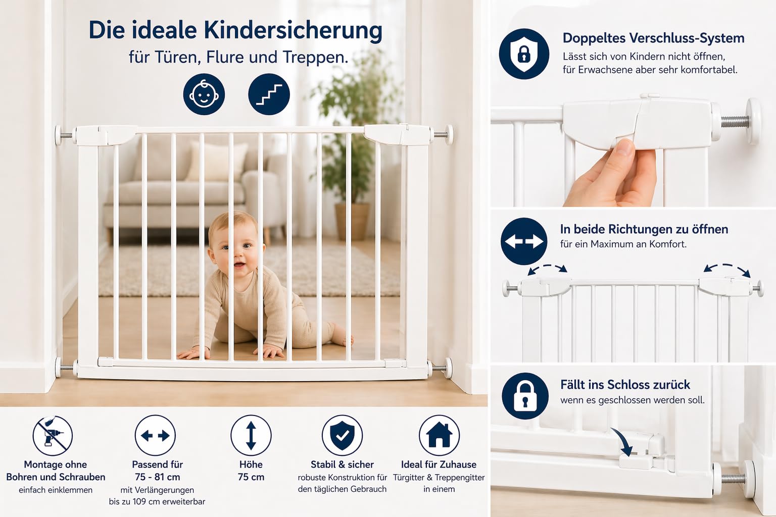 Fiducia Türschutzgitter Treppenschutzgitter erweiterbar bis 102 cm Ohne Bohren Hundegitter Türschutz für Ihr Baby & Haustier Türgitter Kindergitter (75-102 cm)