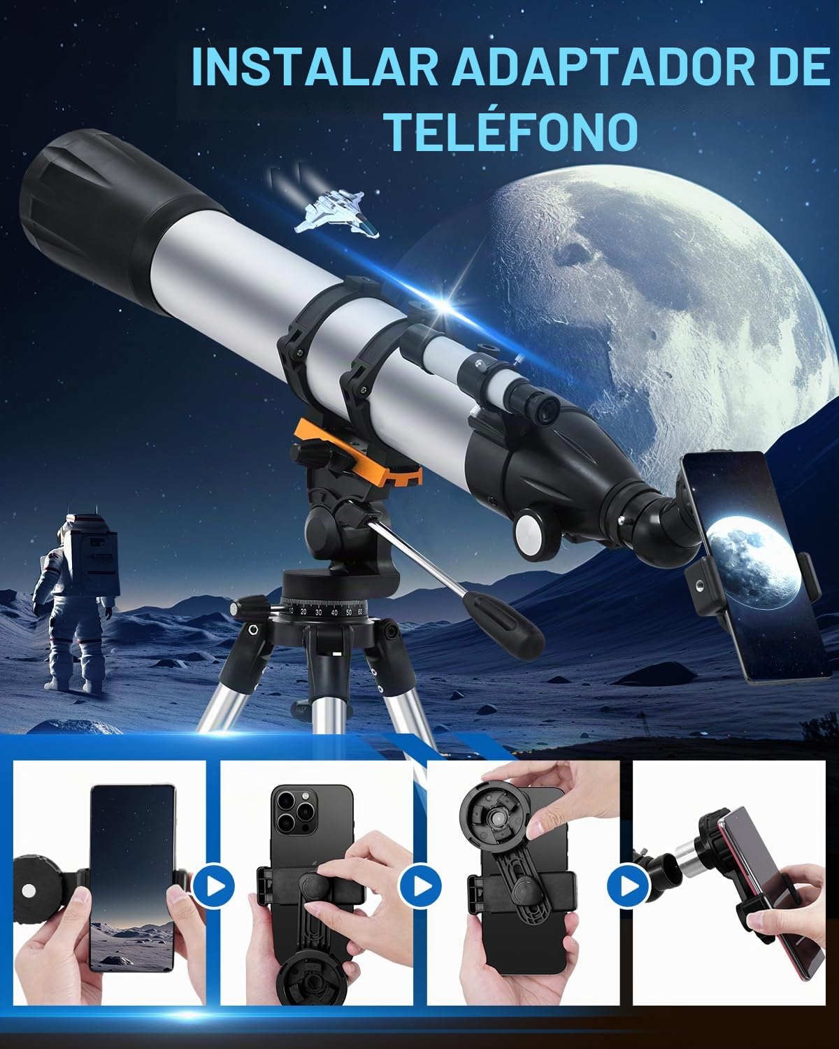 Telescopio Astronómicos para Adultos, Telescopios Refractores con Trípode, Telescopios Refracción 90mm Apertura 900mm para Niños Principiantes, Telescope portátil con Barlow, Teléfono Soporte