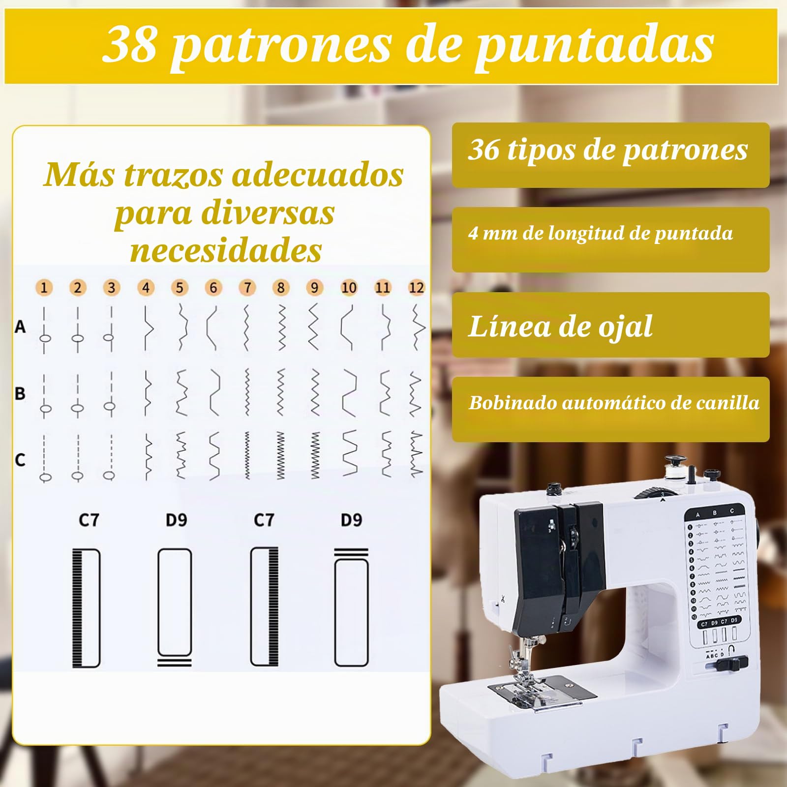 Máquina de coser eléctrica portátil con mesa deslizante, 38 programas de puntada para principiantes y niños, máquina de coser Mini con velocidad ajustable con pedal y juego de costura