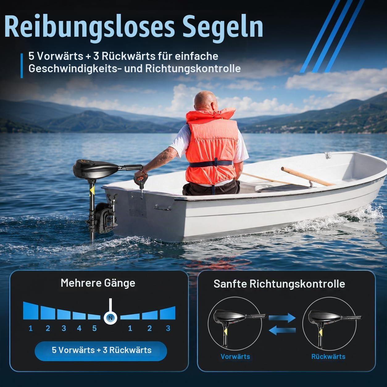 Elektro Außenborder 55 lbs, 12V, 5 Vorwärts-/3 Rückwärtsgänge | 626 W Kupfermotor | 5/3 Gänge | Batterieanzeige | Teleskopgriff 45-56 cm | Klemmhalterung | Schutzring-Propeller