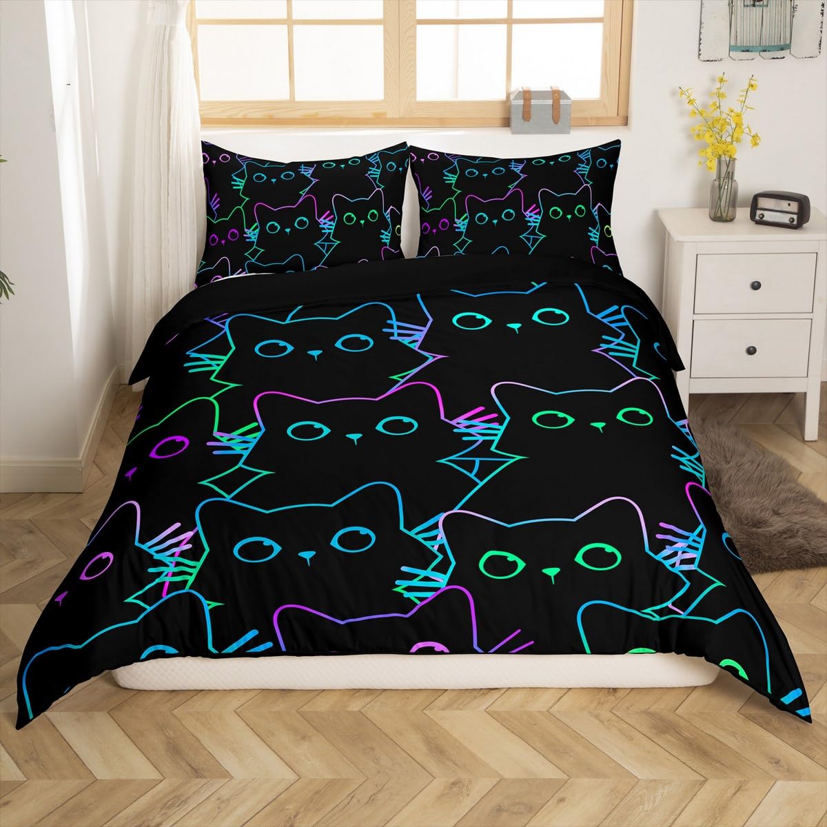 Erosebridal Girls Bedding Set Cartoon Cat Comforter Cover Gradient Line Cat Themed Duvet Cover with Zipper, Rainbow Neon Simple Strokes Kitten Bedspread Cover Teens Youth Boys Cat Animal Bed Set Full