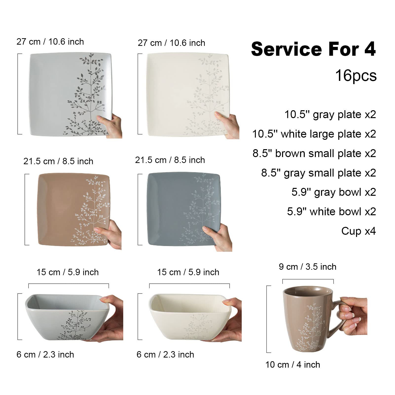 Kwadratowy zestaw ceramicznej zastawy stołowej dla 4 osób; zestaw porcelanowej zastawy stołowej zawierający 4 talerze, 4 talerze sałatkowe, 4 miski i 4 kubki; cerami,