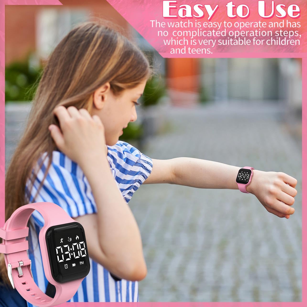 Orologio da polso per bambini, semplice, con contapassi, orologio sportivo, impermeabile, con contapassi, sveglia, calendario, per bambini, ragazzi, ragazze, studenti (rosa)