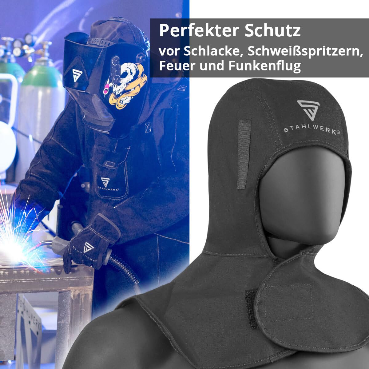 STAHLWERK hitzebeständige Schweißhaube - Schweißermütze aus robustem Stoff, Schweißhelm, Schweißkappe, Schweißermaske, flammenhemmende Schweißerschutzkleidung zum Schweißen und Plasmaschneiden