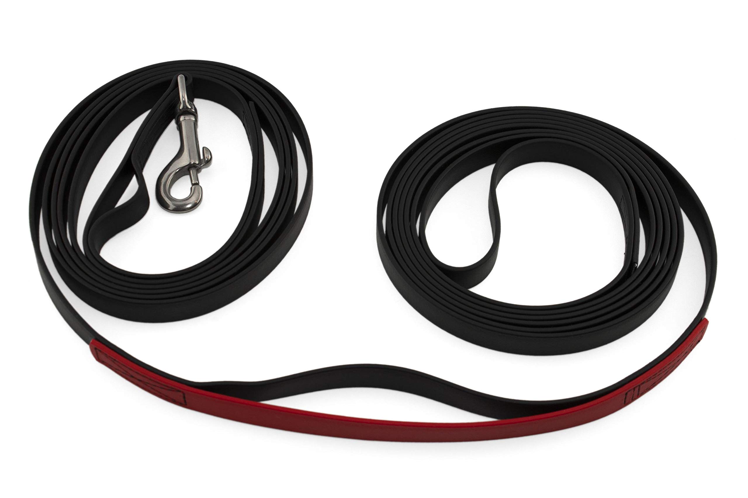 LENNIE BioThane Schleppleine mit Schlaufen für Hunde 25-35 kg, 16 mm, 10m, Rot mit Schwarz, genäht, Kurzführer, Handschlaufe