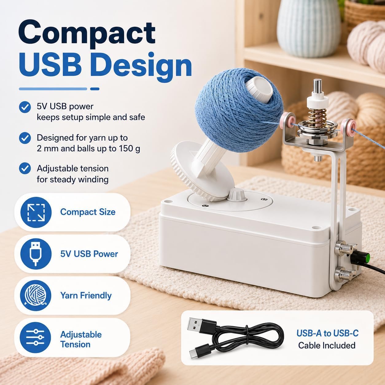Acivirdde Enrouleur de pelotes USB 250 tr/min tricot et crochet, outil de loisirs créatifs compact