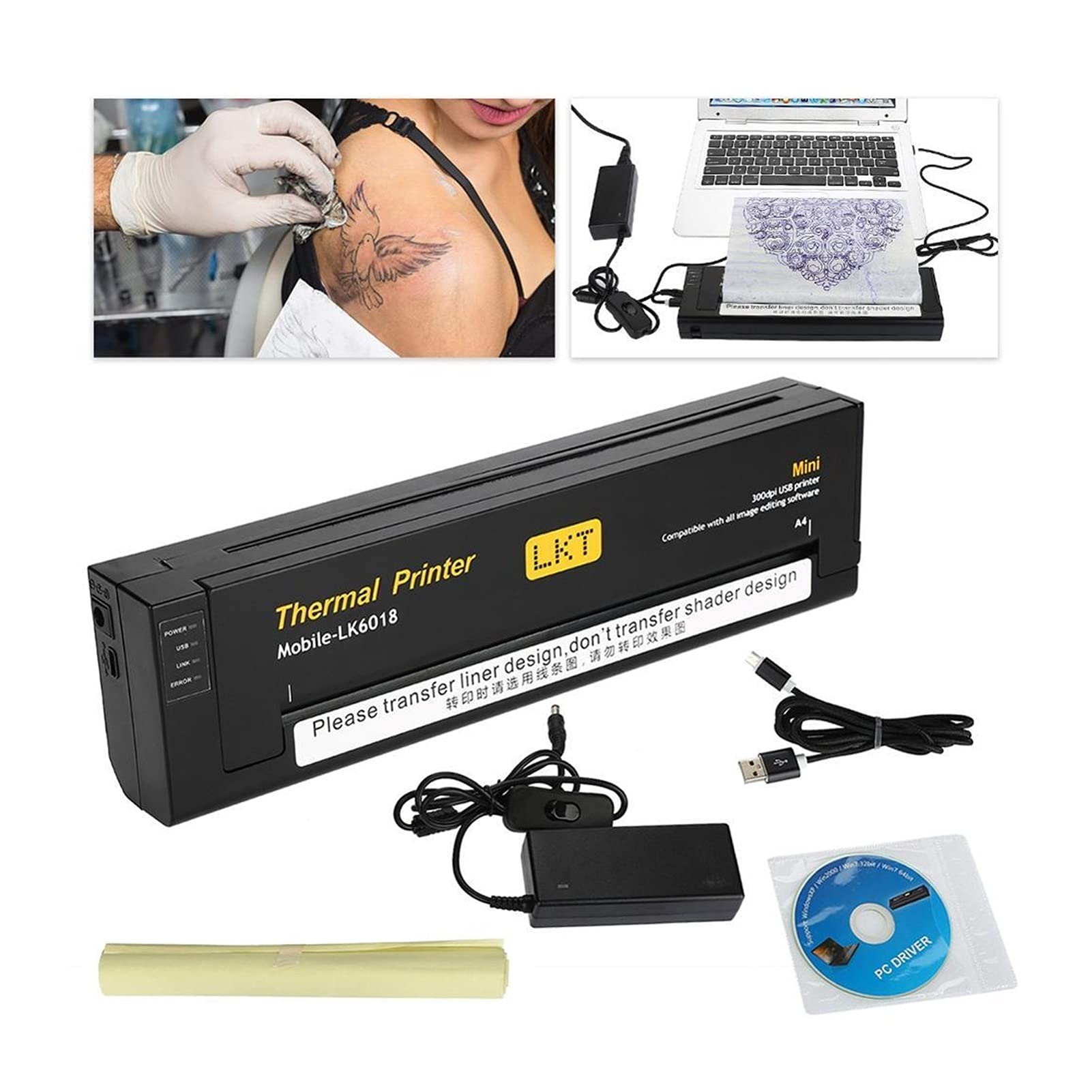 タトゥー転写コピー機 プリンター機 サーマルミニプリンター LK-6018 x タトゥー転写コピー機 プリンター機 サーマルミニプリンター LK
