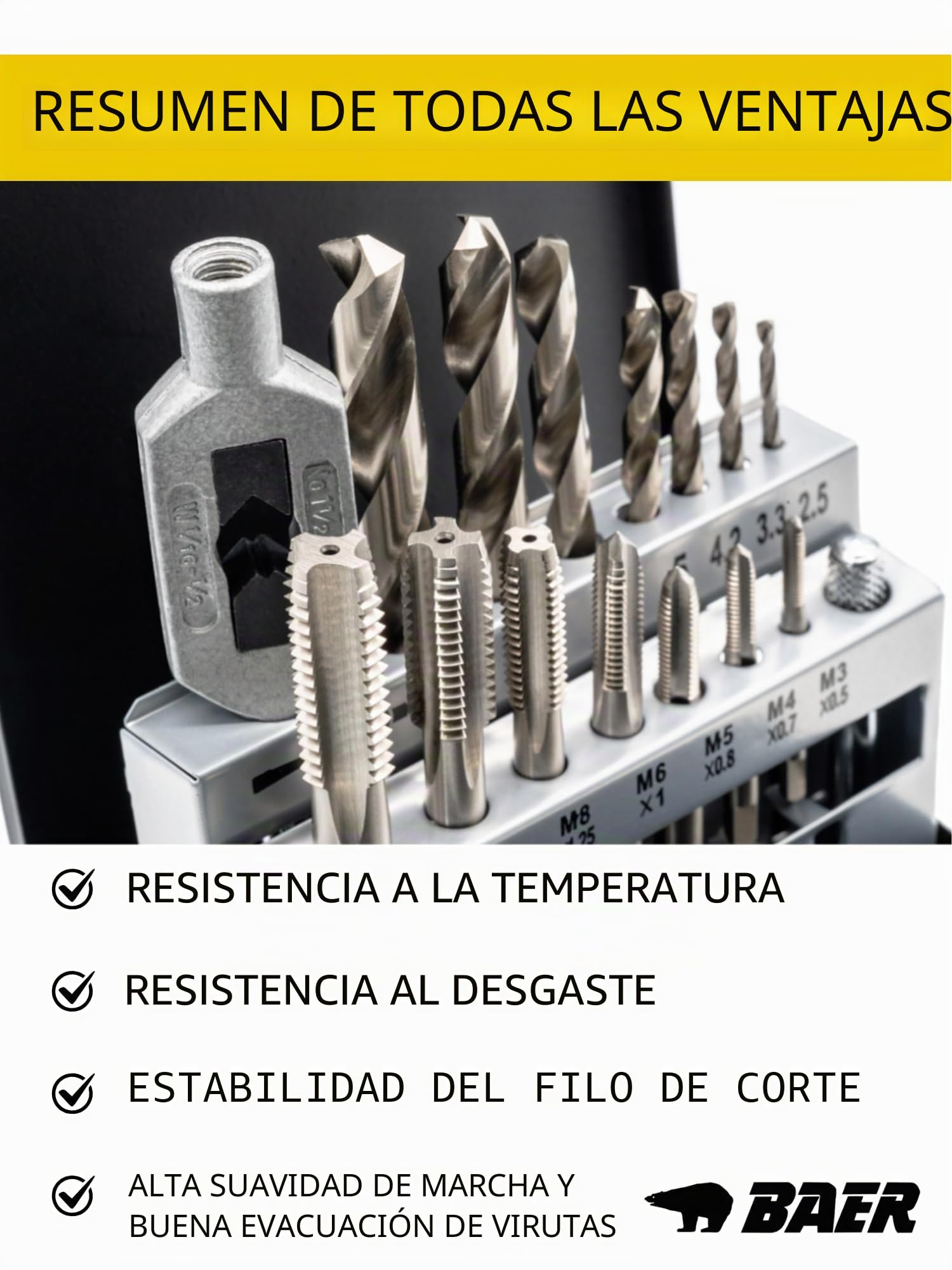 BAER Juego de Machos de Roscar HSSG con Broca de Perforación M 3-12 para Corte de Torno