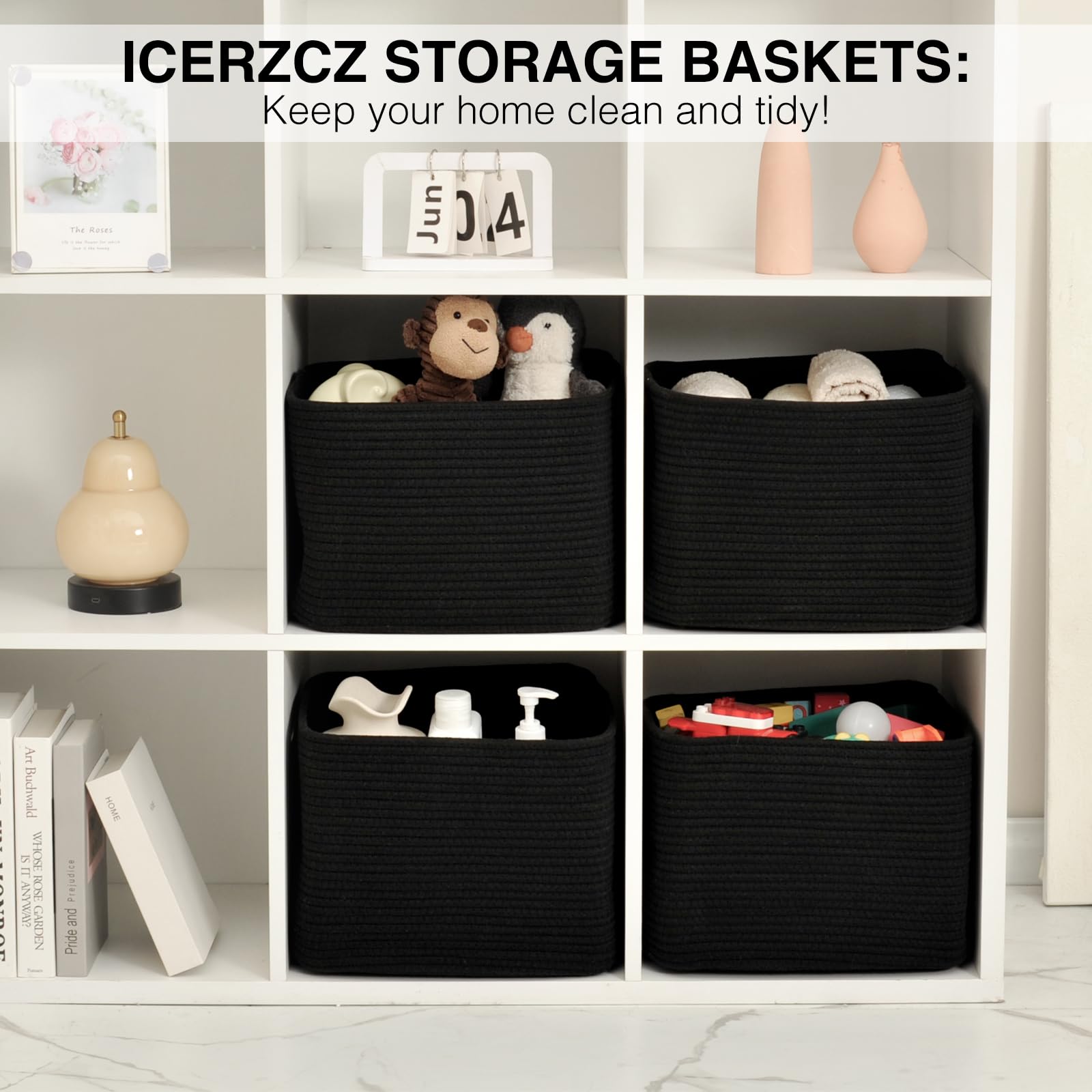 ICERZCZ Aufbewahrungskörbe für Organisation und Regale, gewebtes Baumwollseil, Organisationsbehälter für Hundespielzeug, Kleidung, Bücher, Kinderzimmer, 38,1 x 27,9 x 24,9 cm (L x B x H), 4 Packungen