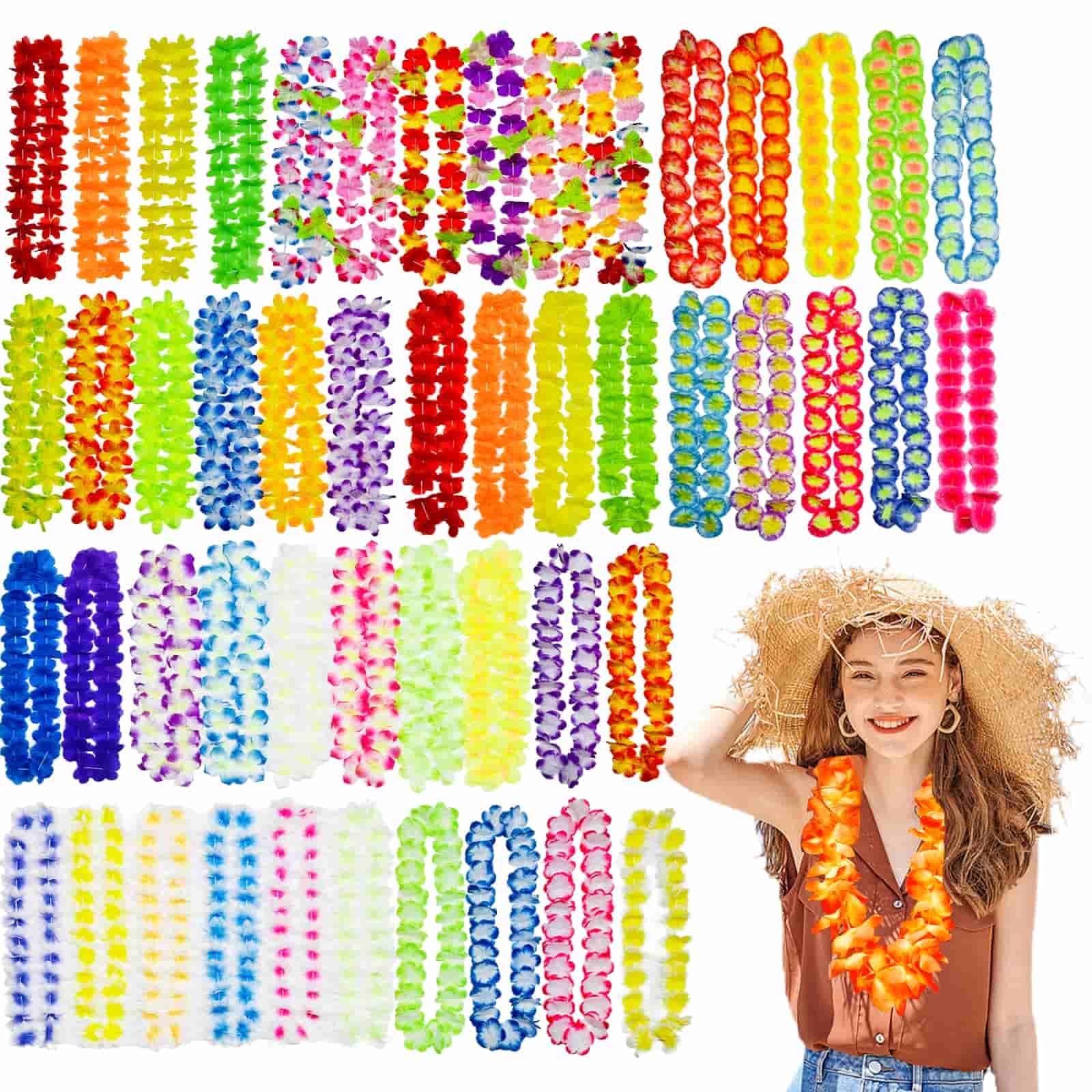 DYUEE Hawaiian Flower Garlands 50Pcs Hawaiian Leis Bulk Hula Necklace Leis Party Decorations Caribbean Fancy Dress Accessories, for Tropical Party Night Bar Luau Aloha Beach Vacation Supplies