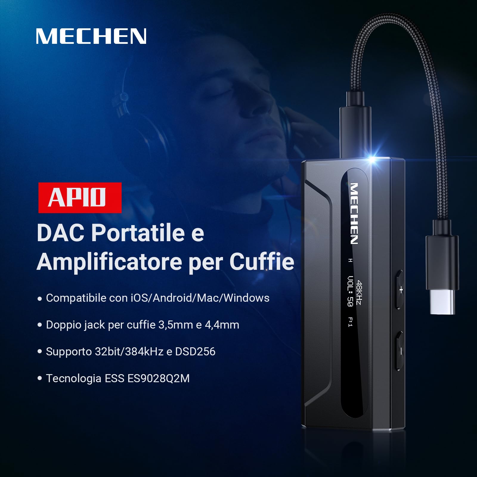 MECHEN AP10 Amplificatore per Cuffie DAC con ES9028Q2M & ES9603Q, Supporta 384kHz/DSD256, Doppie Uscite 3,5mm+4,4mm, per Smartphone/PC/Laptop/Player
