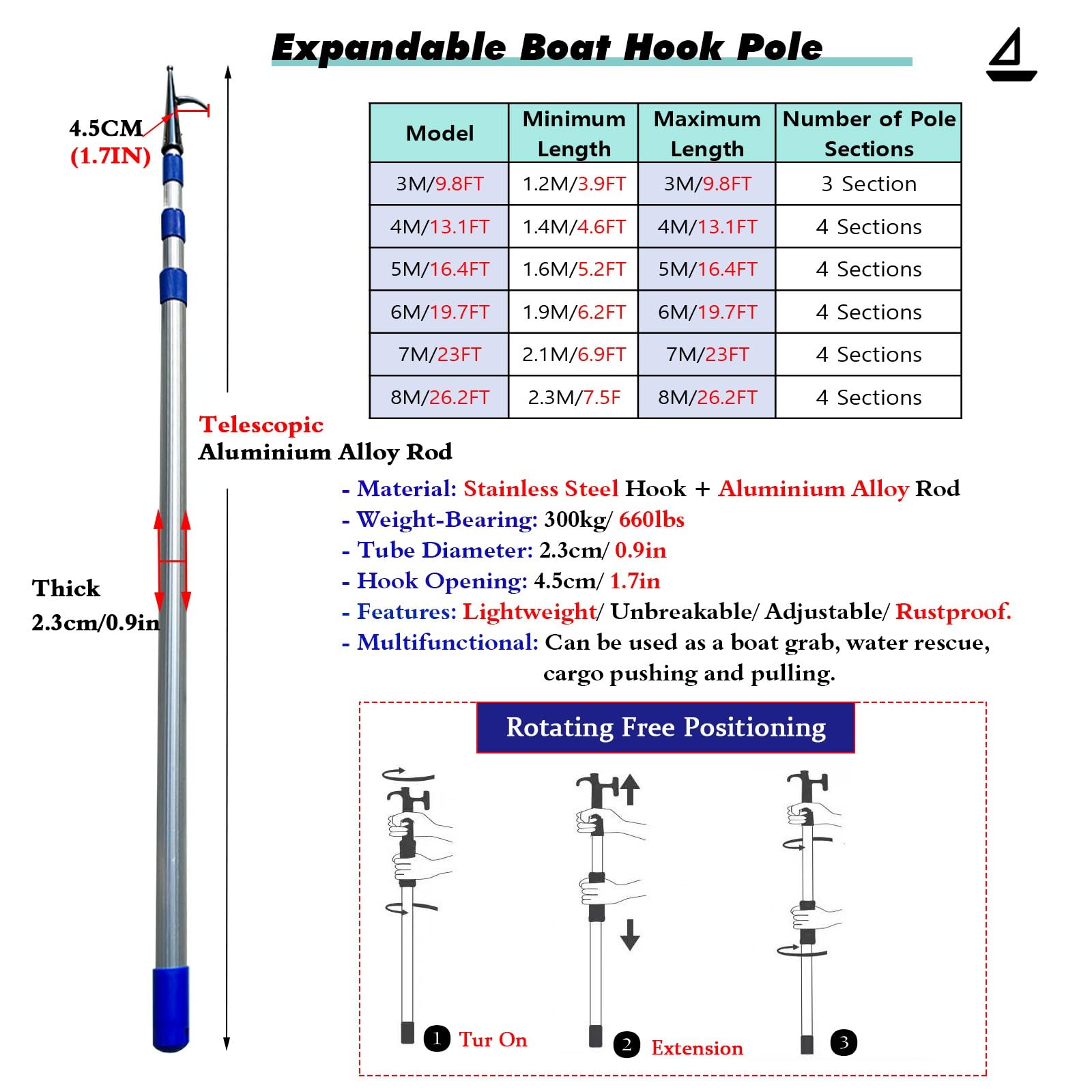 MLYAYE 10 Ft 13 16' 20 23 26 Foot Telescopic Aluminum Pole Boat Hook for Reaching High Areas, Rust-Resistant Lightweight Decoy Retriever Rod for Mooring/Docking/Hanging(4M/13.1FT)