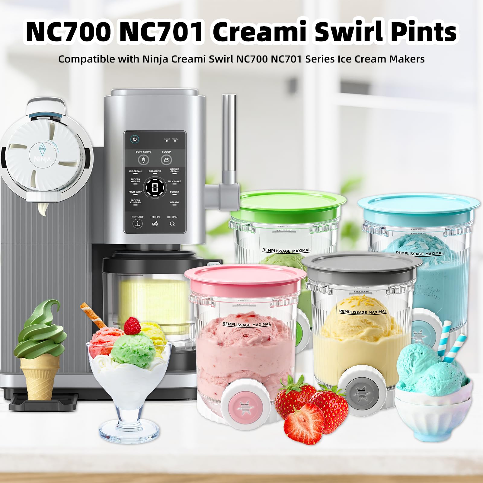 4 pojemniki na lód dla Ninja Swirl Creami 480 ml, kompatybilne z Ninja Creami NC700 i NC701-nie zawiera BPA, nadają się do mycia w zmywarce, akcesoria do lodów Ninj a (4 kolorowe łyżki i 1 duża łyżka)