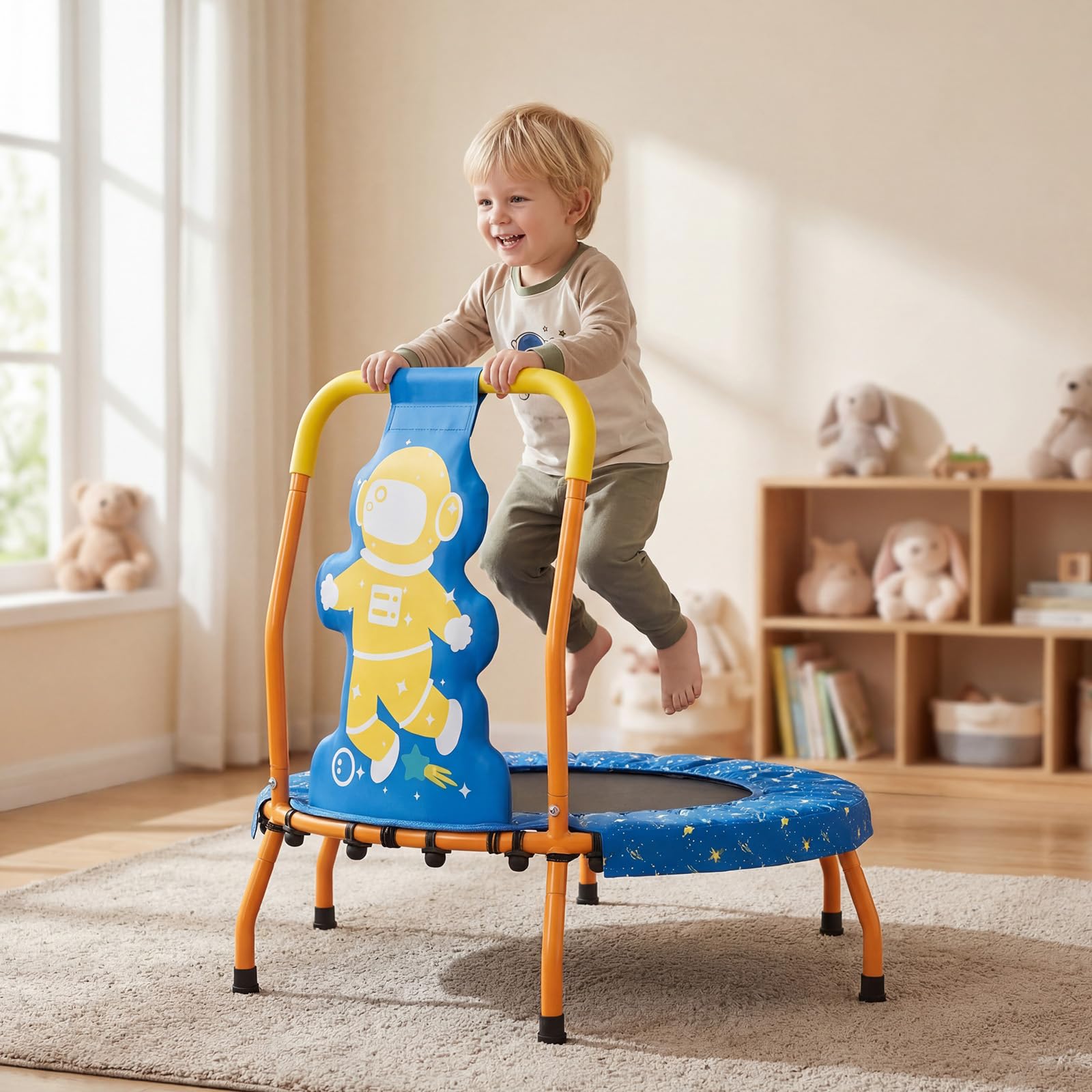 GYMAX Petit Trampoline Intérieur Extérieur pour Enfants 3 à 6 Ans, avec Poignée en Mousse, Tapis de Saut sans Entraves, Charge Max.80kg, Motif Ludique