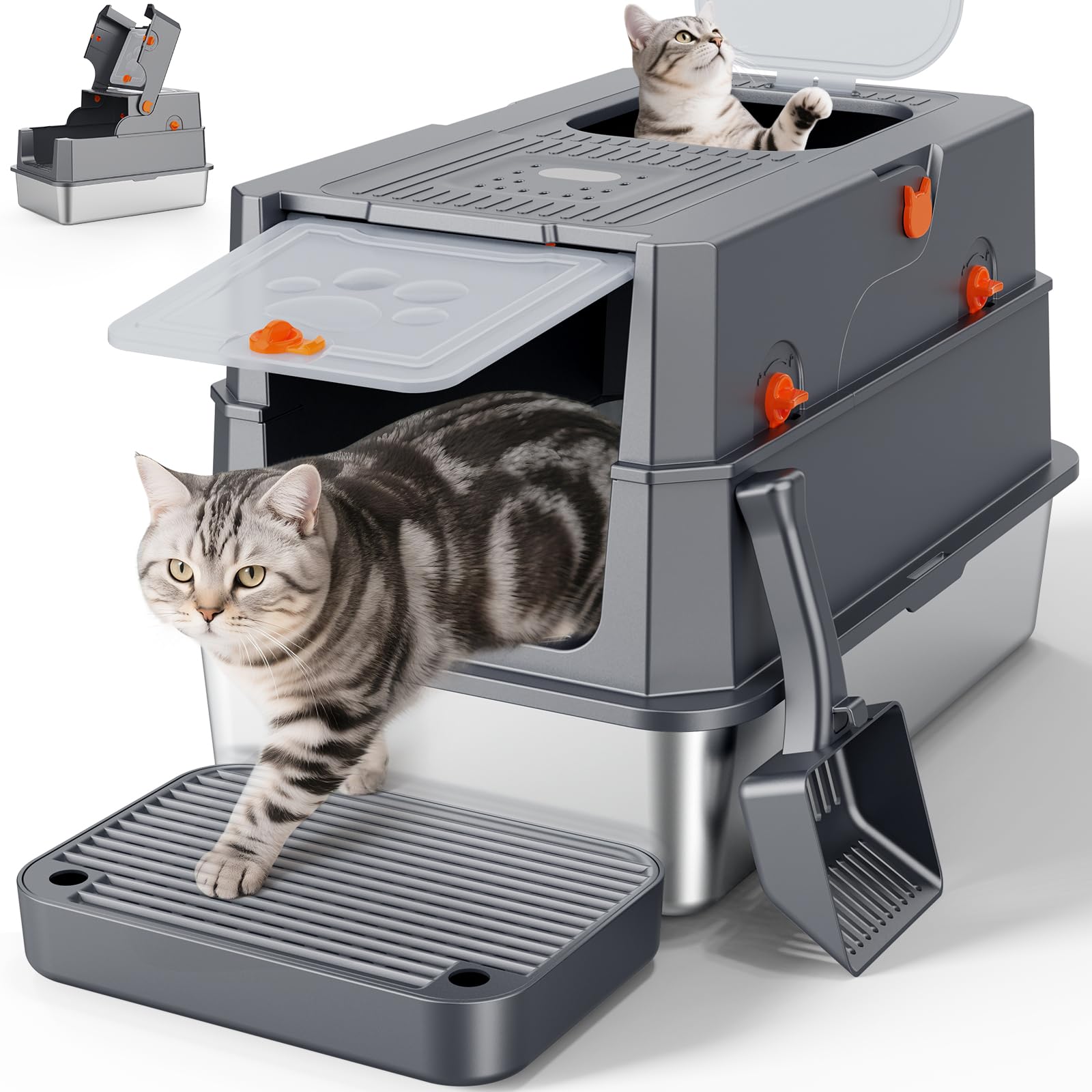 MIXJOY Edelstahl Katzenklo XXL mit Deckel, Katzentoilette Edelstahl Zwei-Tür-Konfiguration, Geschlossenes Katzenklo mit Schaufel, Leicht zu Reinigen, Geeignet für große/mehrere Katzen, Dunkelgrau