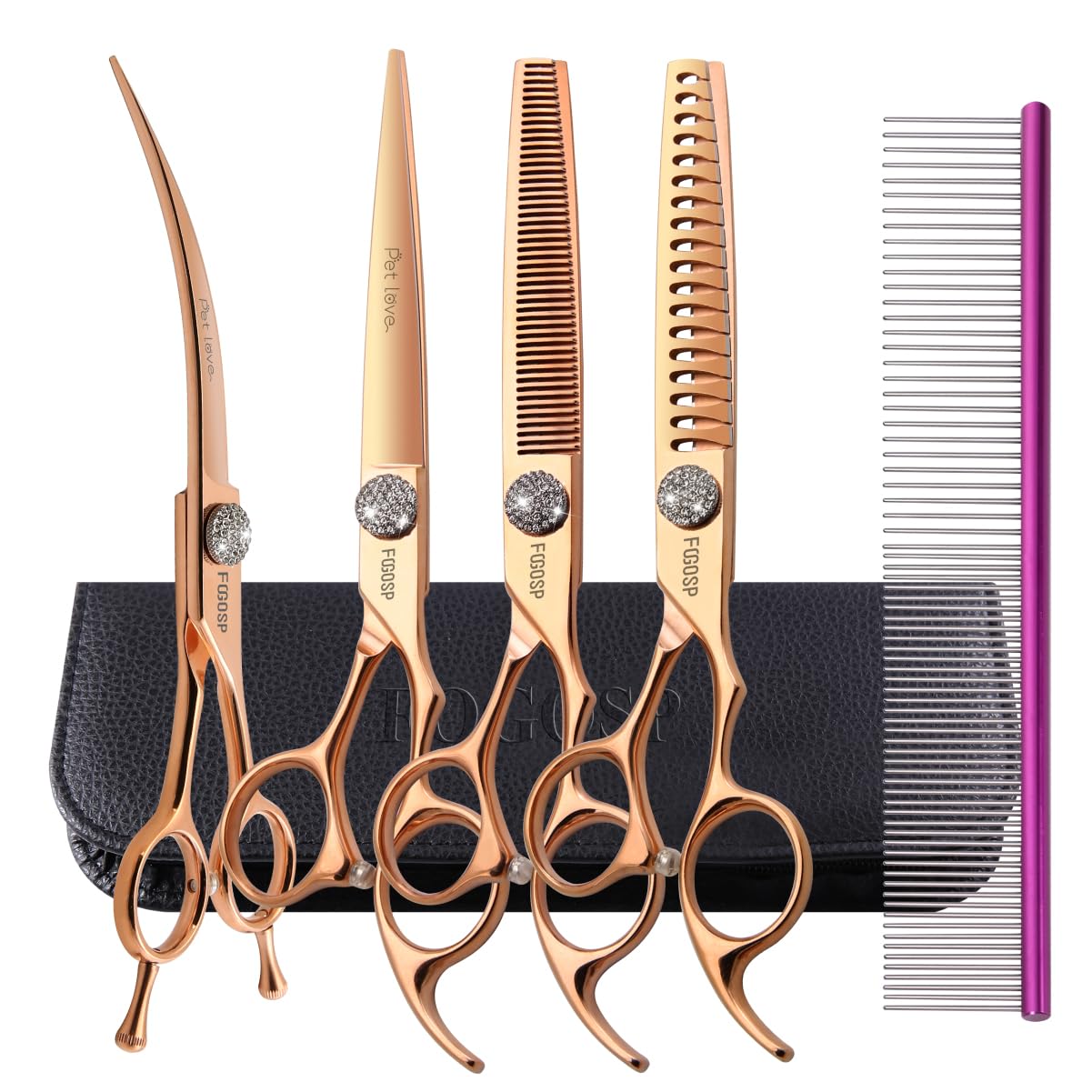 FOGOSP 7'' Dog Grooming Scissors Set Rose Gold Titanium 4PCS Curved Thinning Straight Chunkers Shears Kit with White Artificial Diamonds Ergonomic Offset Handle Japan 440C Sharp and Durable