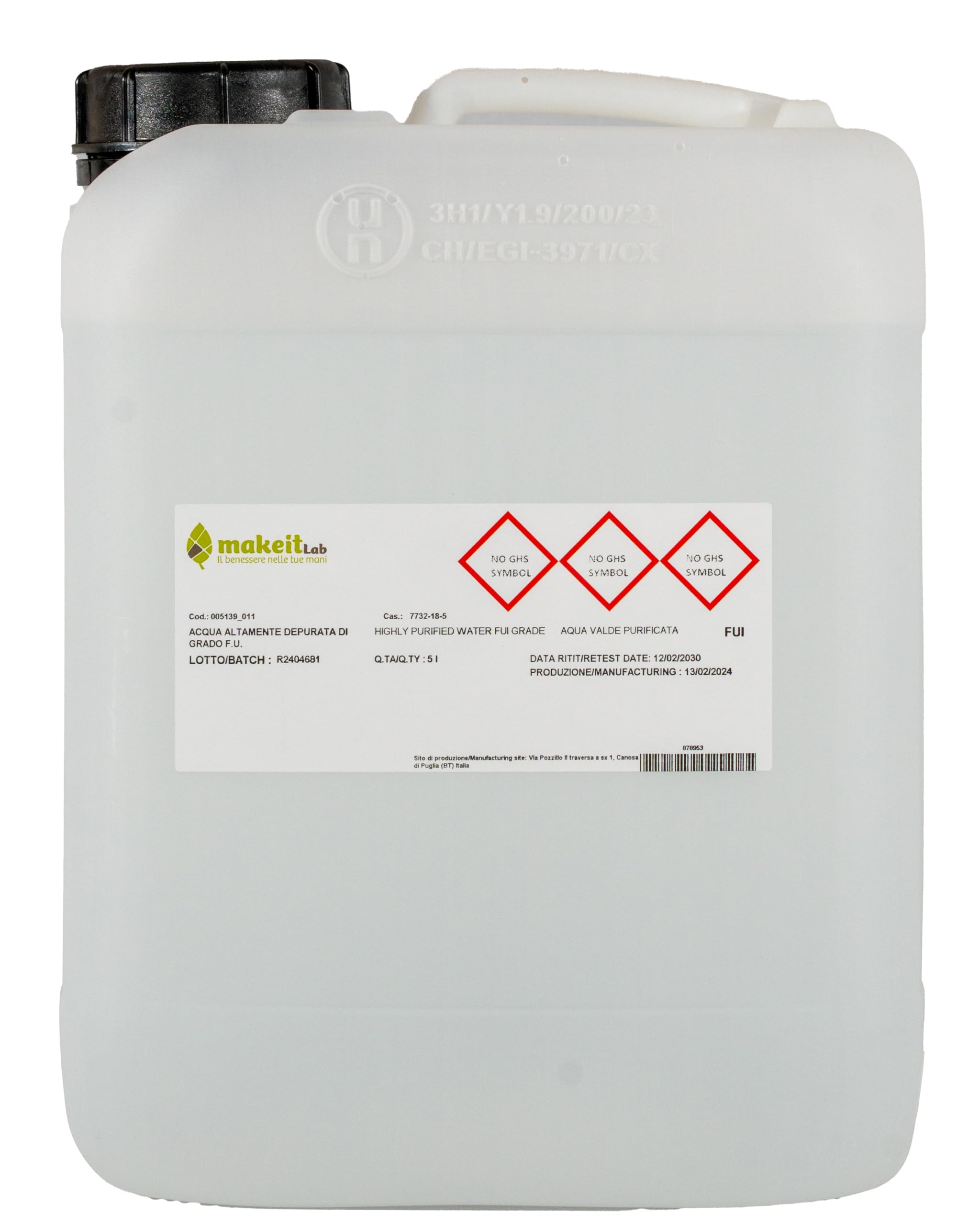 Acqua Altamente Depurata di Grado Farmaceutico 5 L, Acqua Distillata Demineralizzata Purificata per Osmosi Inversa, Made in Italy