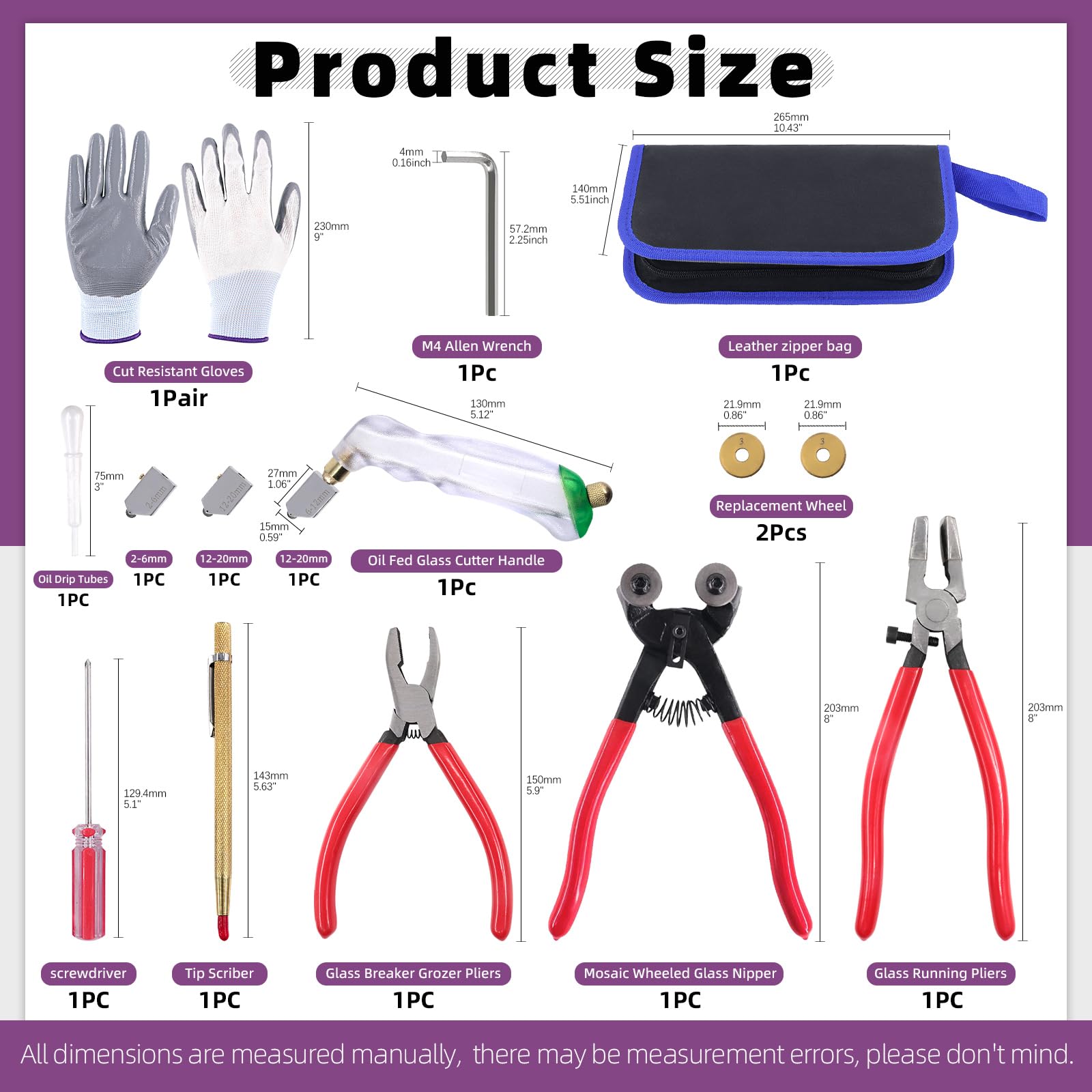 Swpeet Kit de 10 outils de coupe de verre, pince à carrelage à roues en mosaïque de verre, pince à coudre, pince à épiler en carbure de tungstène, coupe-verre à alimentation en huile, gants, sac à
