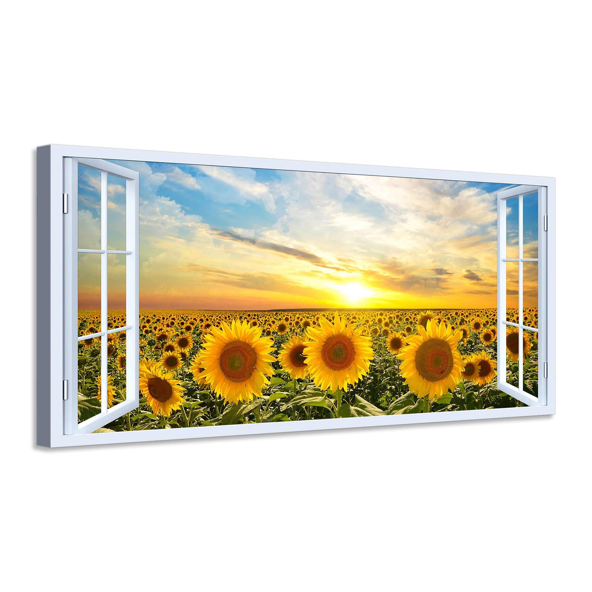 Quadro finestra panorama campo di girasoli tramonto - Stampa su tela con telaio in legno - 120x60 cm