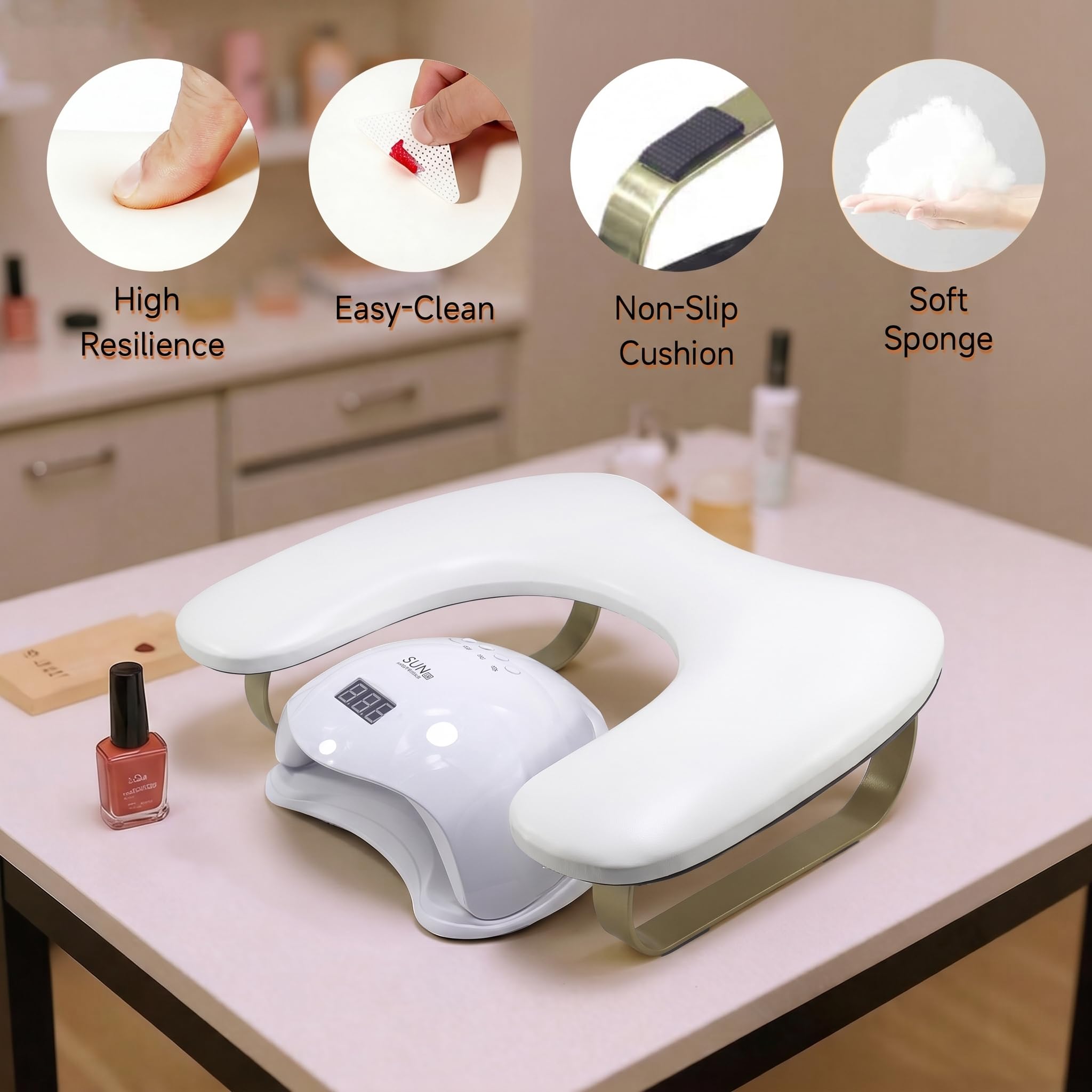 Reposabrazos en forma de U: soporte de arco dorado para uñas, soporte ergonómico en ángulo de 45° para profesionales del arte de uñas y uso doméstico, reposamanos de manicura y pedicura