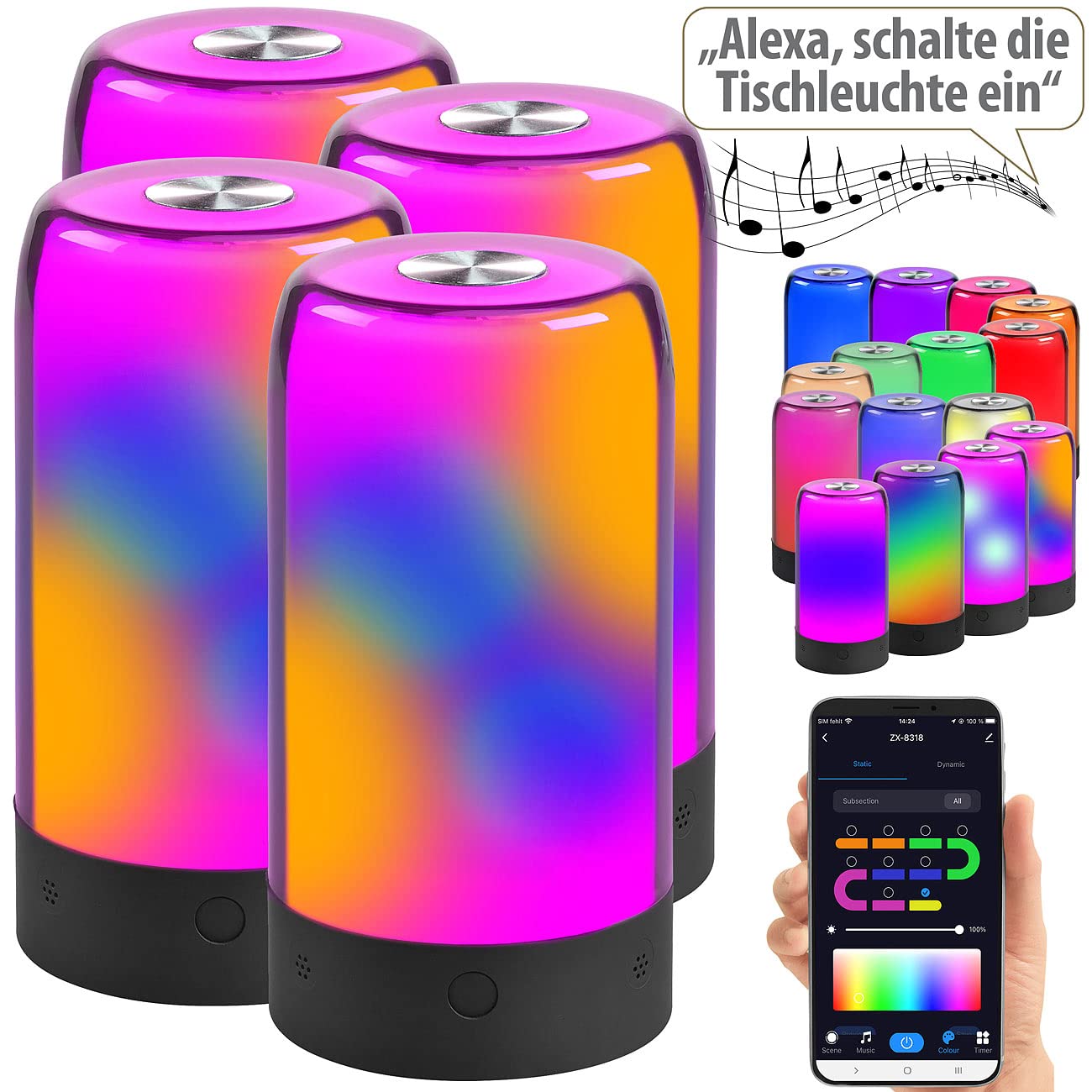 Luminea Home Control lampka dekoracyjna WLAN: Zestaw 4 sztuk Inteligentne lampy nastrojowe, czarny, kompatybilny z Alexą, Siri i Google Assistantem, Diody LED RGB-IC