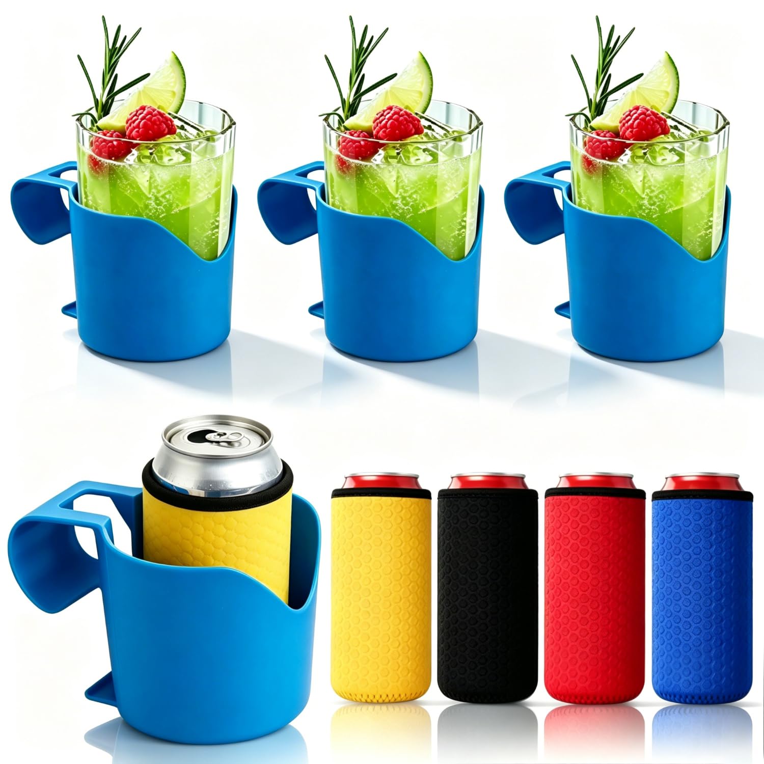 Pool Getränkehalter Set mit 4 Haltern und 4 Bierkühler Getränkehalter Pool zum Einhängen am Poolrand als Pool Zubehör für Oberirdische Pools Partys Bootfahren und Camping