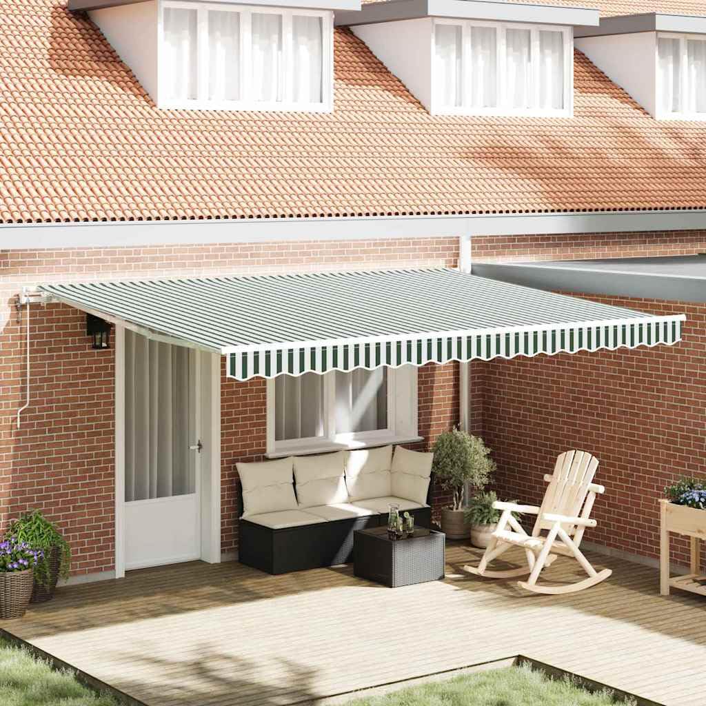 Toldo automatizado de 450 x 350 cm con mando a distancia y manivela, toldo de brazo articulado extensible para terraza y balcón, marco estable de aluminio y acero, color verde y blanco