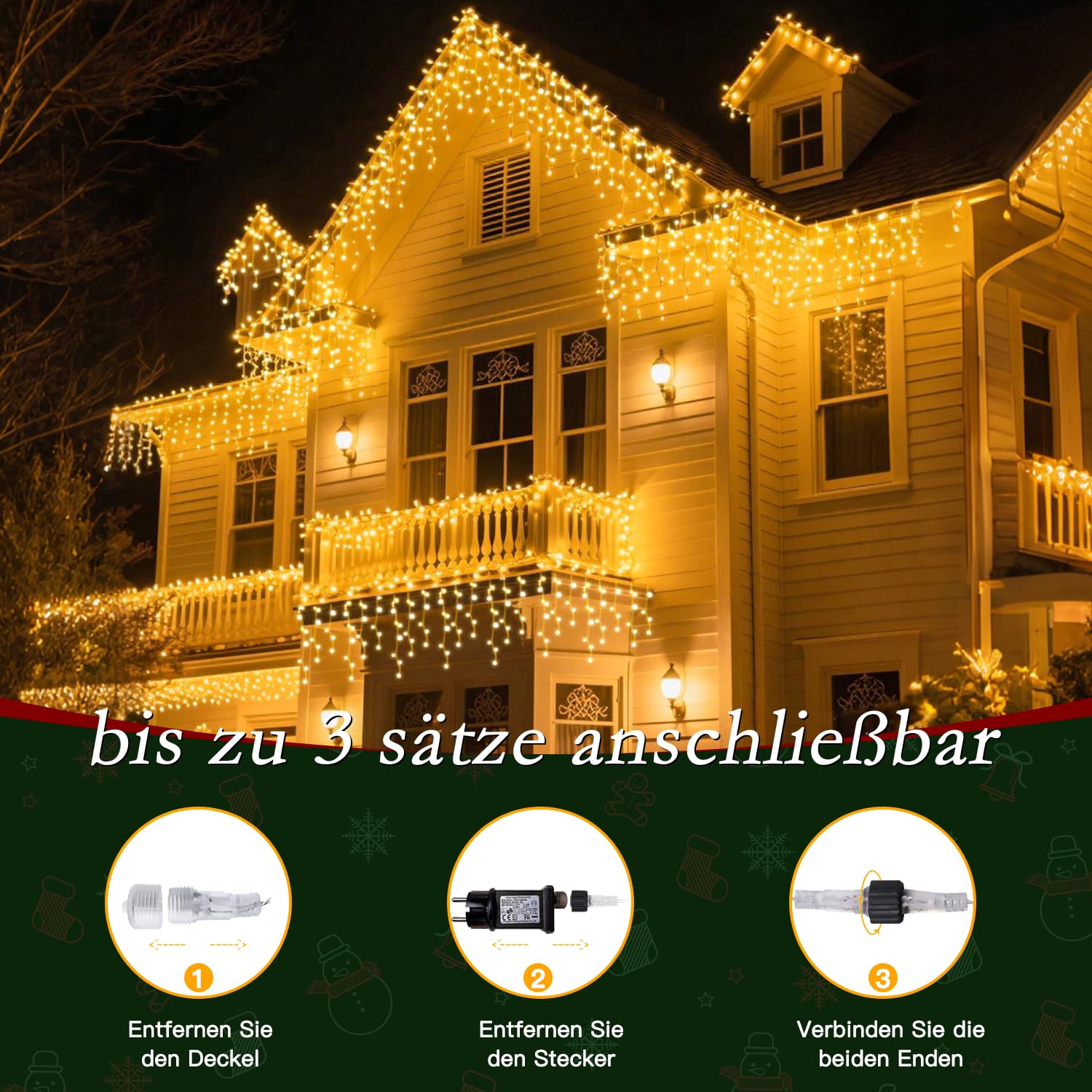 Eisregen Lichterkette Außen Warmweiß 486 LEDs, Fernbedienung, 4 Helligkeitsstufen, 8 Modi, Timer, IP44, 12m, Weihnachtsbeleuchtung für Balkon, Fenster, Garten