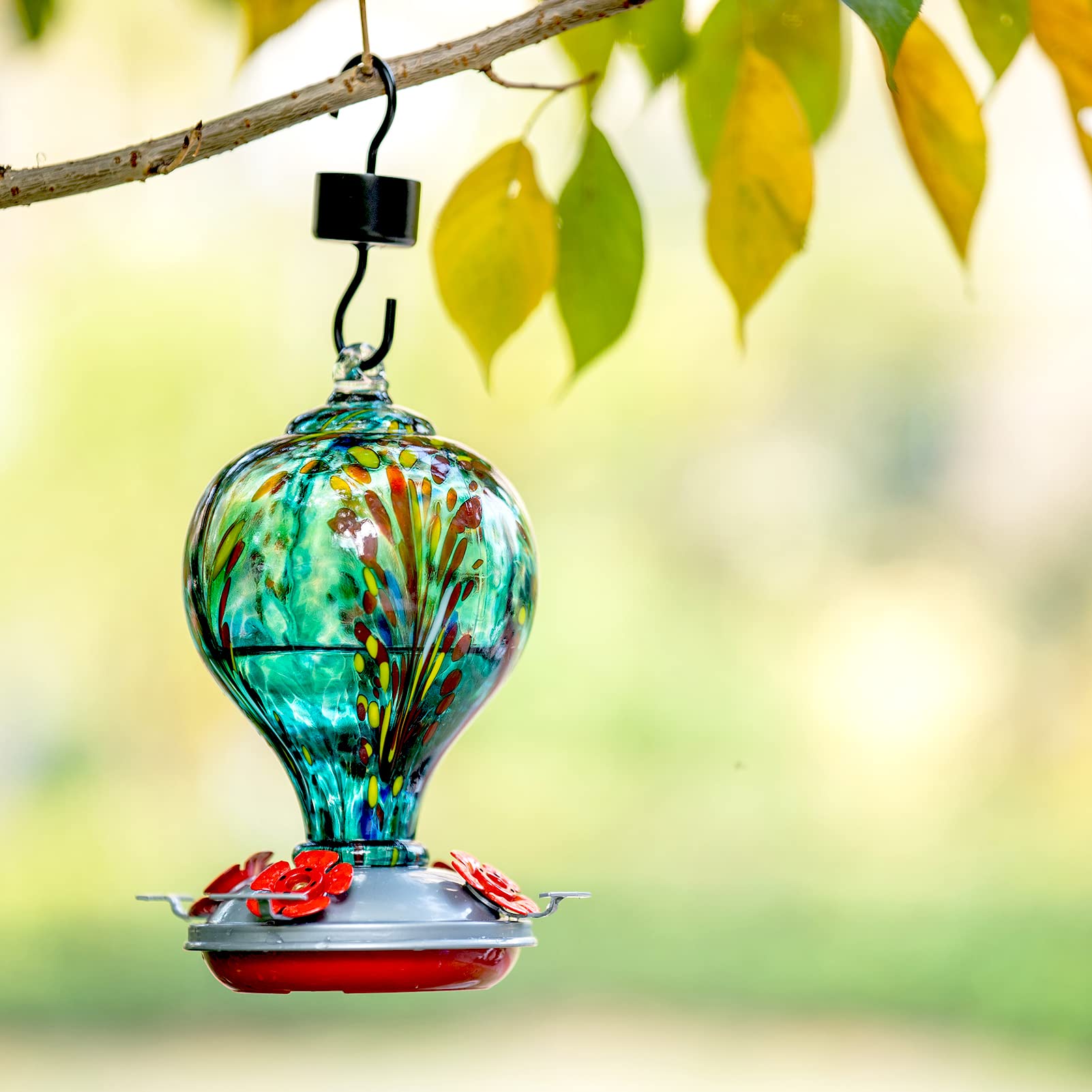 LaElvish Garden Gifts for Mom Mothers Day, Hummingbird Feeders for Outdoors Hanging, 32OZ Glass Hummingbird Feeder with Ant Moat, Patio Yard Porch Decor (Teal Blue)