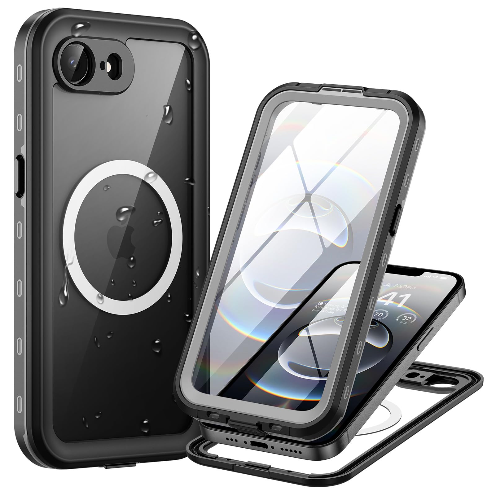 Lanhiem iPhone 17e 16e 用 ケース 防水ケース IP68米軍規格 MagSafe対応 マグネット搭載 Face ID認証/耐衝撃/滑り止め/防塵/防雪/水中撮影/QI充電/超軽量/ストラップ付き 付け外し簡単 全面保護のアイフォン 17E 16E 防水カバー ブラック