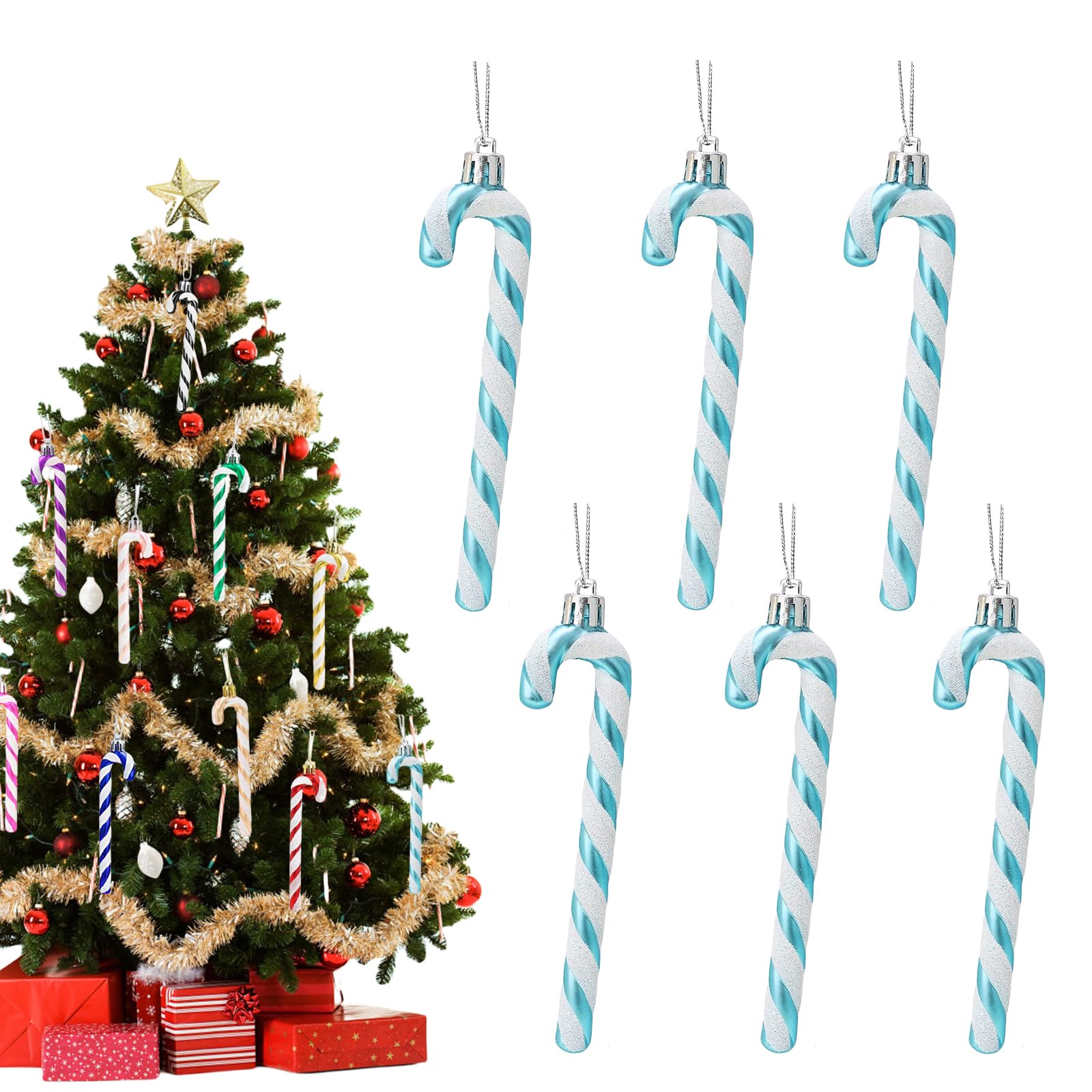 13cm Baby Blue White Candy Cane Christmas Decoration, 6pcs Glitter Xmas Tree Pendant Hanging Ornaments