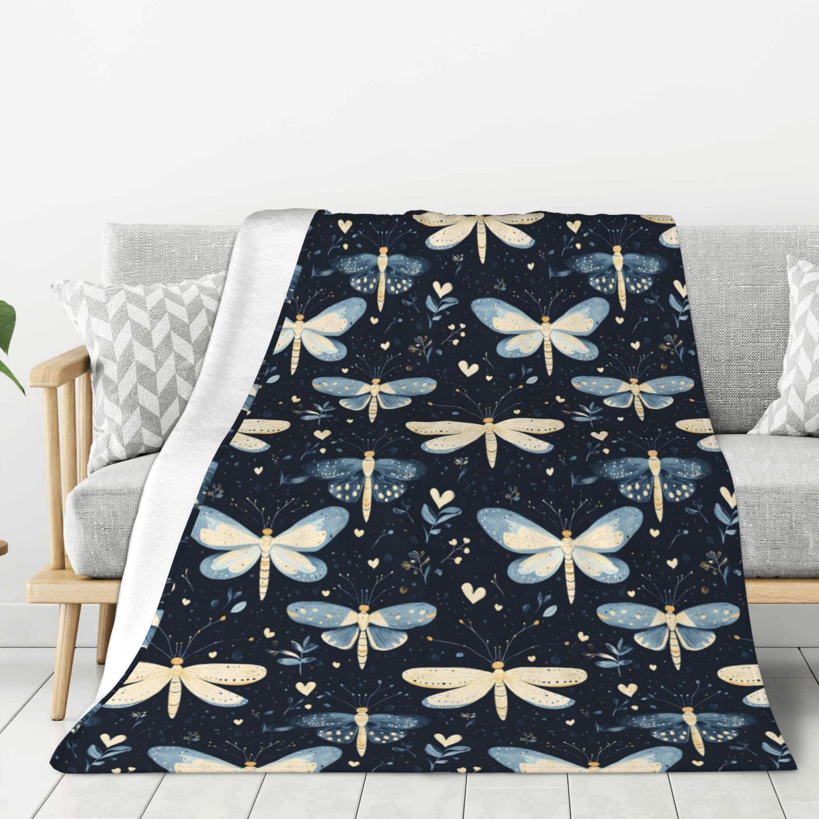 Plaid libellule bleu marine super doux et chaud pour toutes saisons