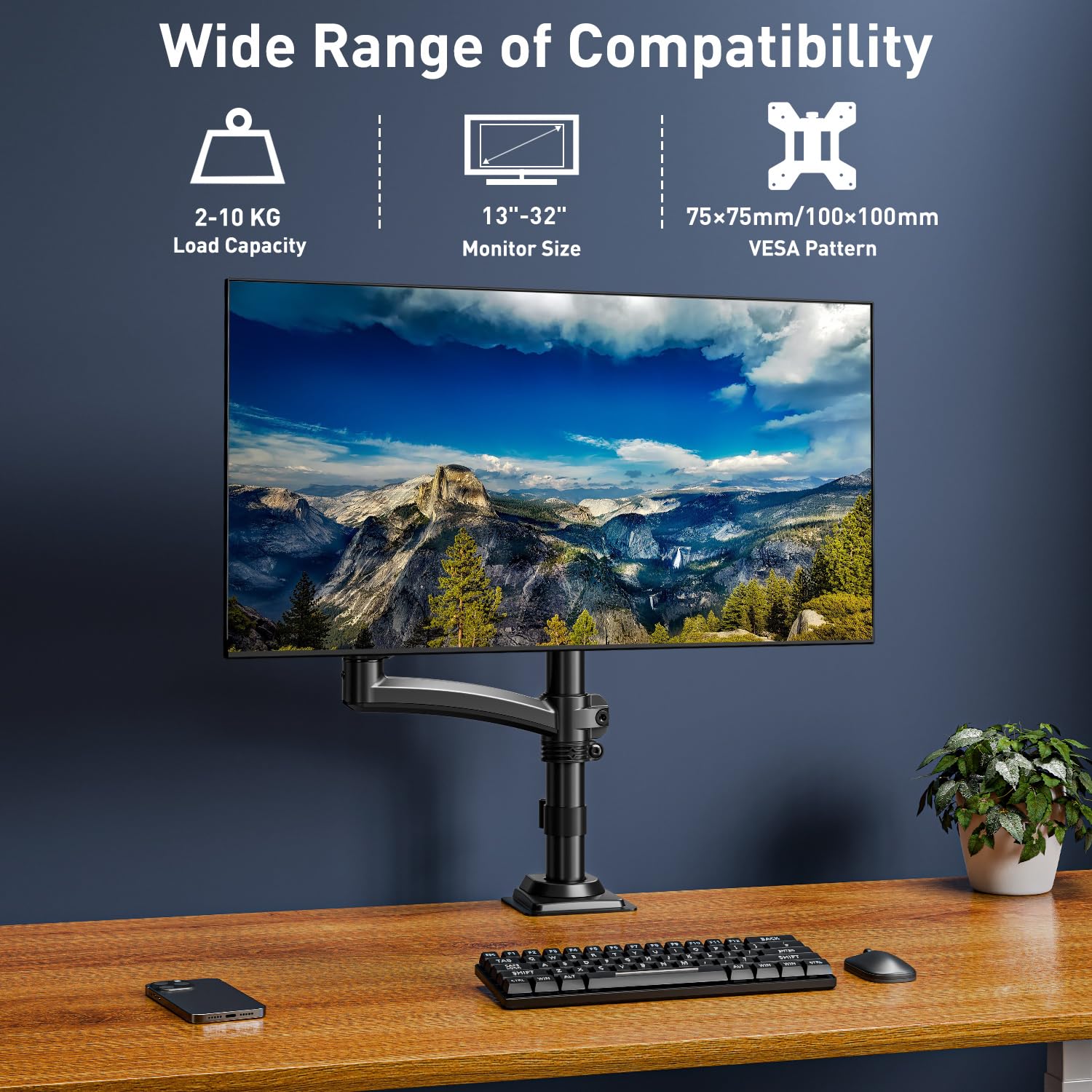 ELIVED Supporto per monitor da 13 – 32", braccio a molla a gas per monitor da 2 – 10 kg, con VESA 75/100 mm, altezza regolabile a braccio singolo con inclinabile, girevole, girevole, EV6033B